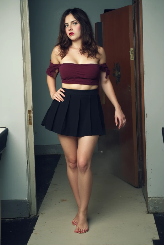 sexy  girl posing for professional photographer, brightly lit backstage dressing room, standing with hands on hips, low-rise pleated skirt, off shoulder top,, (short and chubby:0.75), ((pale white skin with freckles:1.2)), long wavy brunette hair, ruby red lipstick, (age ), standing on tip toes, barefoot, thick sexy legs, wide hips, (full body portrait), barefoot
