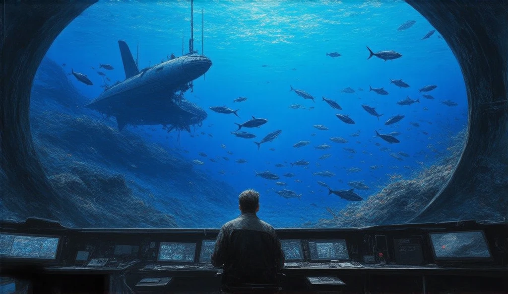 The scene of the seabed and its underwater landscape with fanciful marine life appears imposing highlighting immense marine beings swimming in currents through the deep abysses of the ocean in bluish tones, this incredible scene from a cinema, from an underwater fiction film is seen through the wide windows of an underwater ship, where inside the large command room a man observes through the windows of the front of the ship in the command room the landscape in front of the ship. The submarine ship is sailing through the vast blue ocean floor