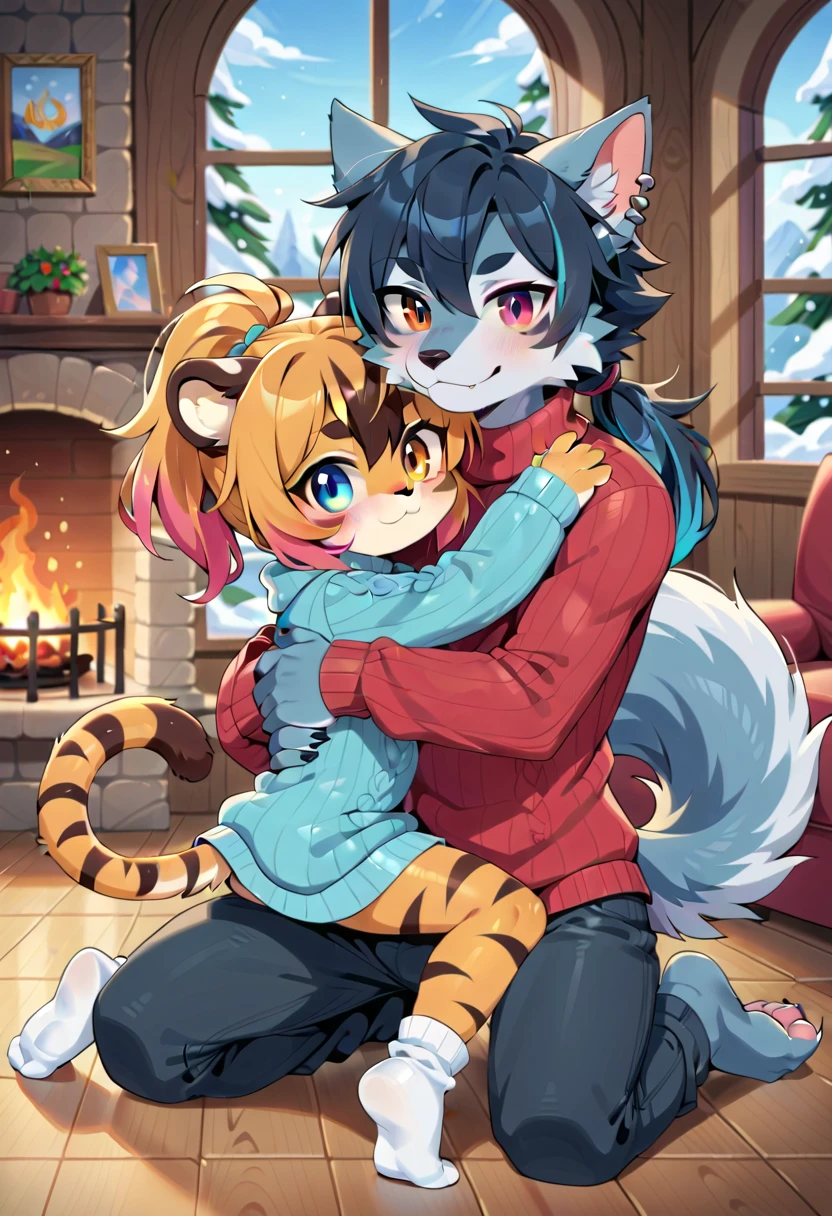 (tiger girl, anthro, textured fur, fur tufts, furry, loli body, loli height, flat chest, loli face, heterochromia, multicolored hair, ponytail, piercing, makeup, tattoo, large long knitted sweater, warm socks), ((a tiger sits on the floor by a burning fireplace, hugging a large male big werewolf, room, snow is falling outside the window)), (((big wolf werewolf, sweater, pants, warm socks)))