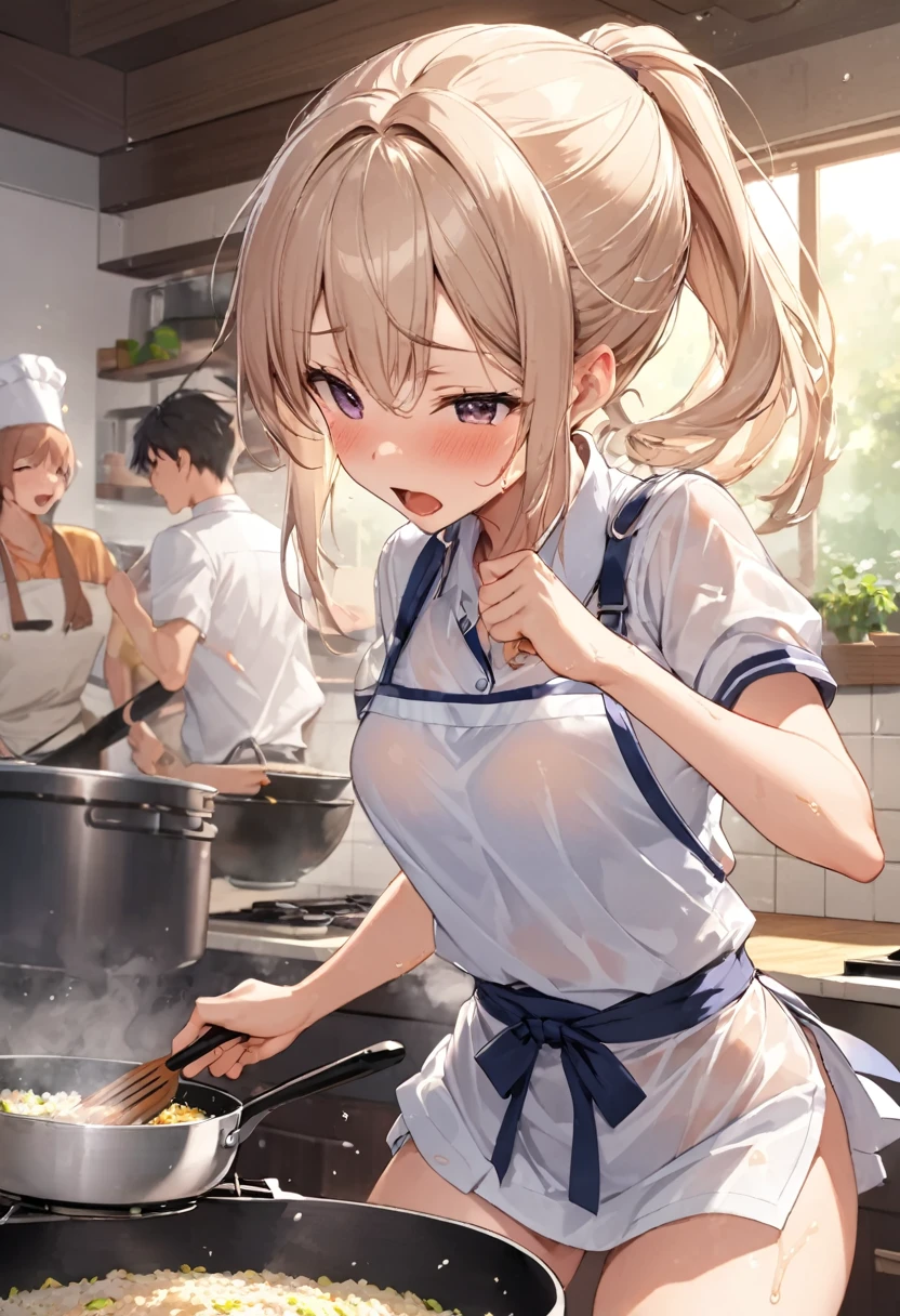  fry fried rice briskly , Chinese pan,  shaking a wok, チャーハンが宙を舞う, Gas stove, High heat power , cute high school girl, uniform,apron, ponytail, exporsed side stomach,  miniskirt,  having otters ,  dancing in the pot, open mouth,  I'm going to make fried rice , shout, Intense movement,  I'm going to make fried rice ,  shadows drawn with rays ,  draw even one grain of rice in detail, Busy kitchen ,  cooking is war ,  sweat on my forehead , Wet Uniform,  see through bra, 透けたシャツ, 炎, オーラの光, back standing sex, 1boy, groping chest from behind