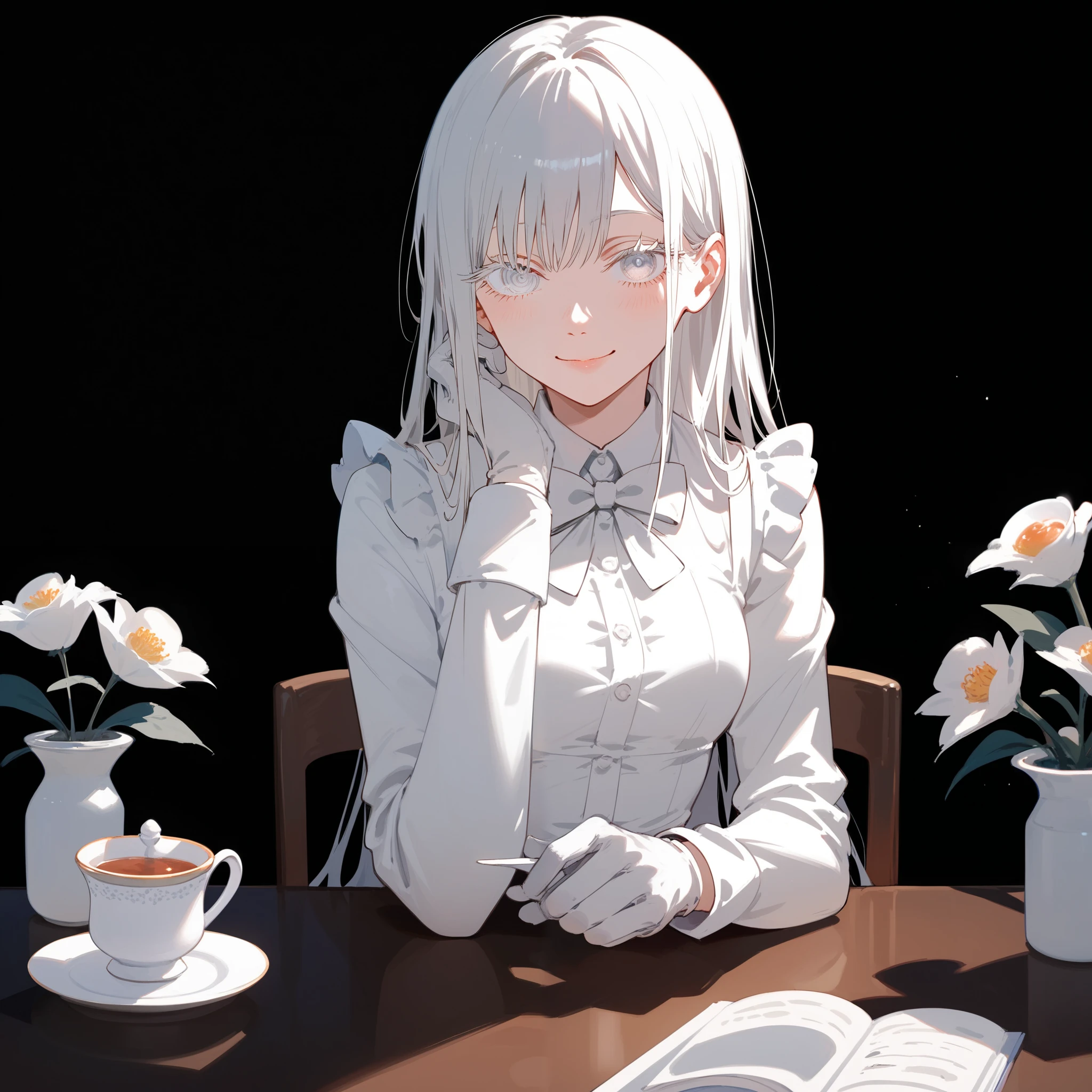 girl,White hair,Long hair ,  in white eyes ,White eyelashes,White bow  , White long-sleeved shirt,  wearing thin white gloves ,  medium chest,smile,cute, black background,, all parts white, sitting on a white high chair, white tea table , Top detail , chainsaw art ,