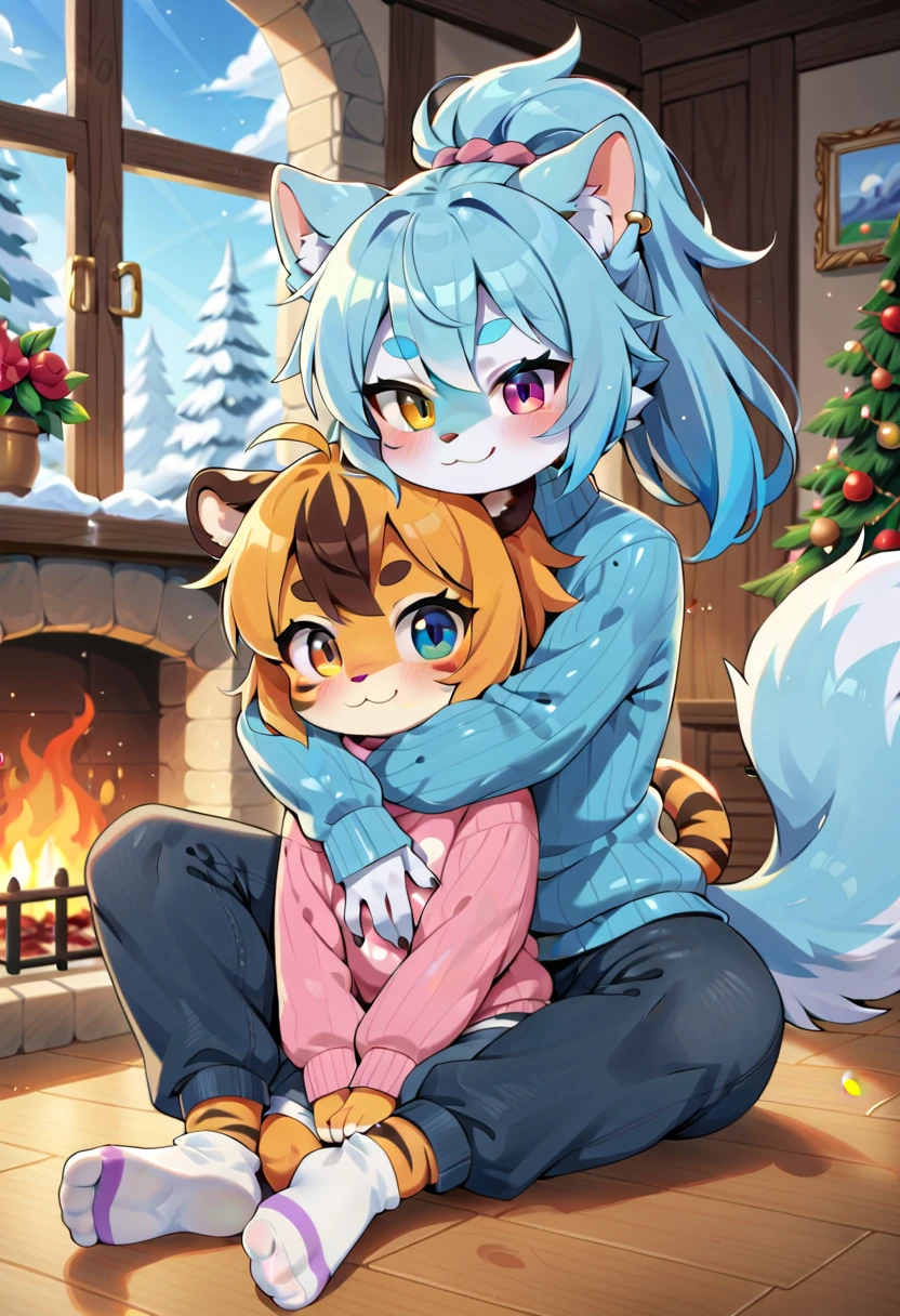 (tiger girl, anthro, textured fur, fur tufts, furry, loli body, loli height, flat chest, loli face, heterochromia, multicolored hair, ponytail, piercing, makeup, tattoo, large long knitted sweater, warm socks), ((a tiger sits on the floor by a burning fireplace, hugging a large male big werewolf, room, snow is falling outside the window)), (((big wolf werewolf, sweater, pants, warm socks)))