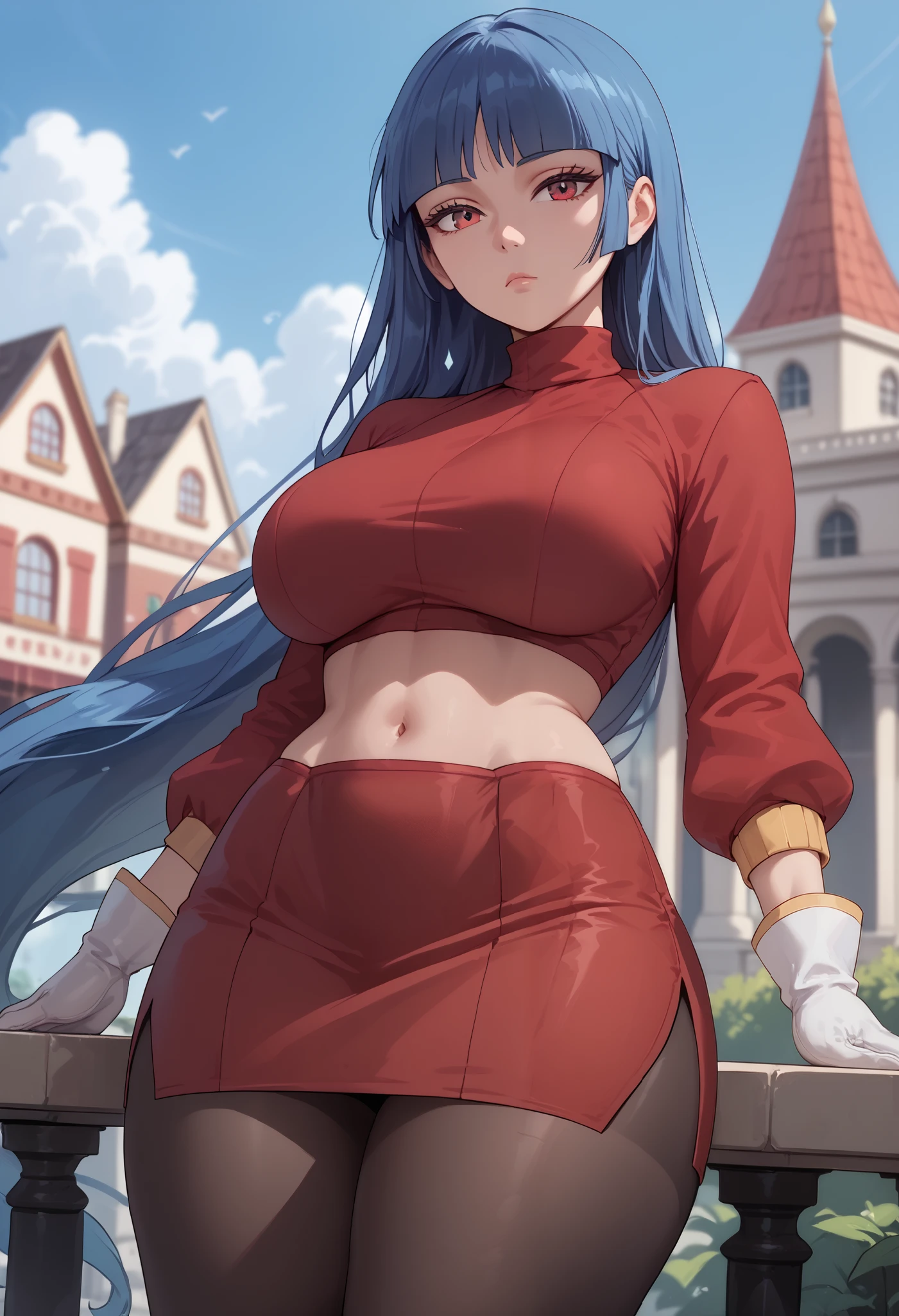 1girl, large breasts, large hips, small waist, large thighs, expressionless, frlgsab, blue hair, blunt bangs, very long hair, red turtleneck, crop top, exposed navel, red sleeves, red skirt, white gloves, black pantyhose, outdoors, sunny,