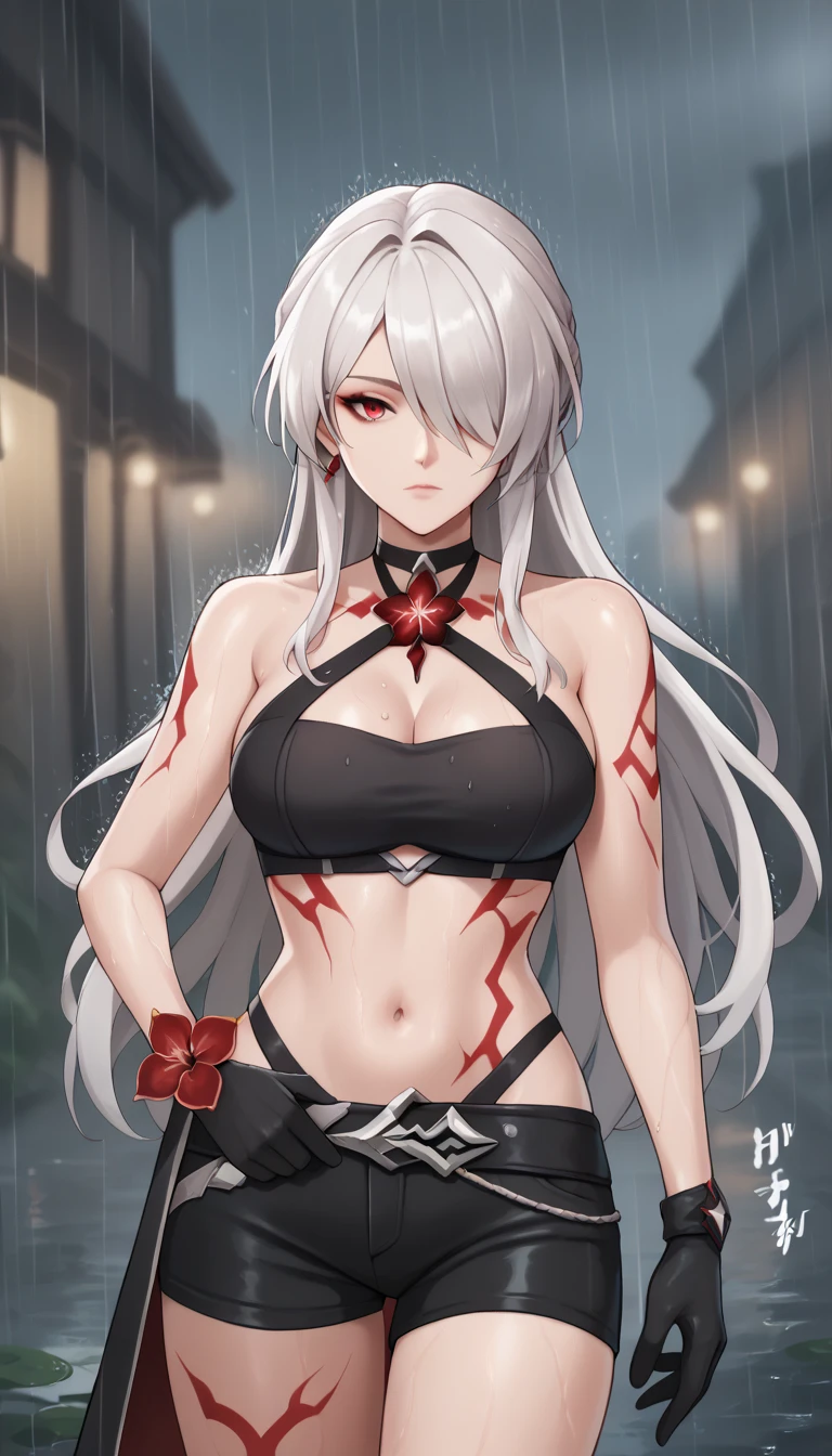 score_9, score_8_up, score_7_up, score_6_up, score_5_up, score_4_up, acheron_red, white_hair, 1girl, acheron, red_eyes, red_flower, hair_over_one_eye, cleavage, body_markings, black_choker, black_shorts, midriff, official_alternate_color, navel, long_hair, black_gloves, walking in the rain, (raining), cloudy weather, raindrops, (rain effects), rain on skin, wet skin, blurry background,