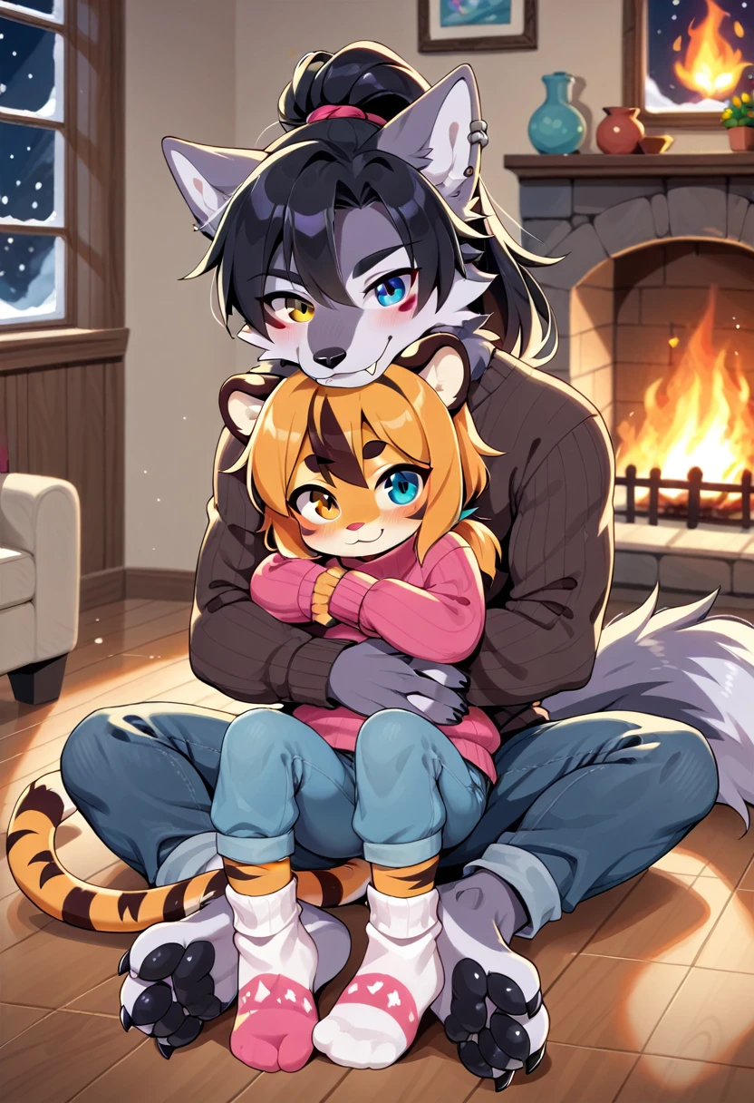 (tiger girl, anthro, textured fur, fur tufts, furry, loli body, loli height, flat chest, loli face, heterochromia, multicolored hair, ponytail, piercing, makeup, tattoo, large long knitted sweater, warm socks), ((a tiger sits on the floor by a burning fireplace, hugging a large male big werewolf, room, snow is falling outside the window)), (((male big wolf werewolf, sweater, pants, warm socks)))