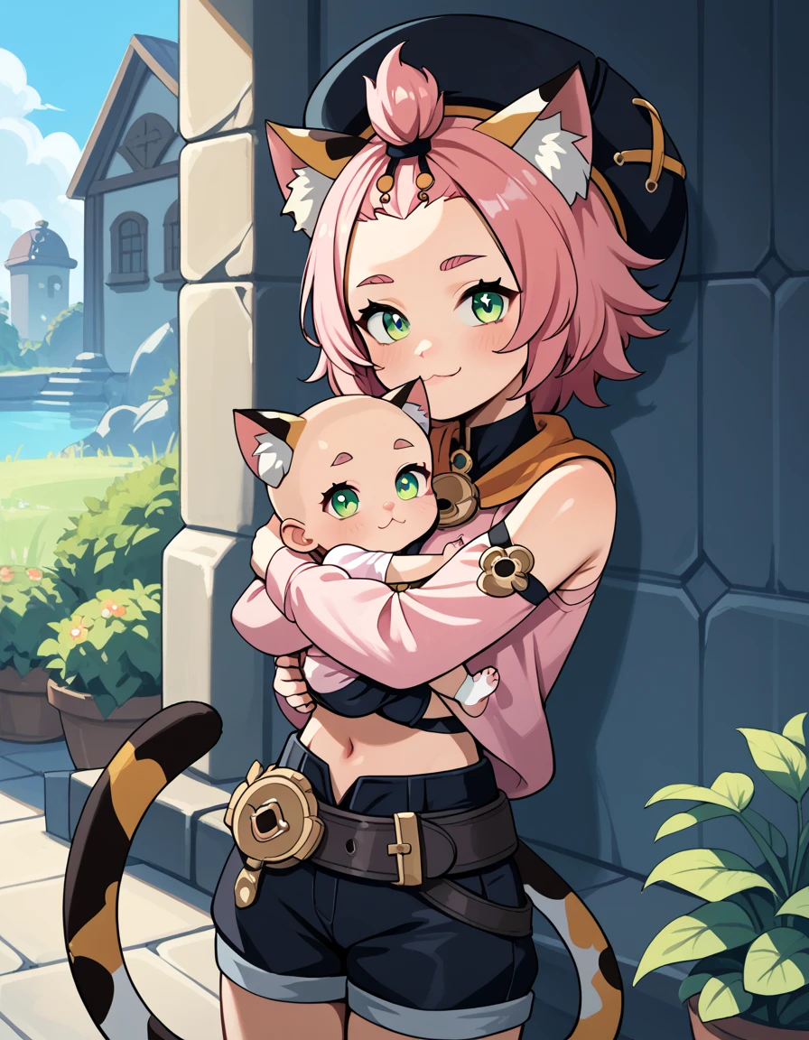 score_9, score_8_up, score_7_up, score_6, source_anime, BREAK diona \(genshin impact\), mngmst_style, 1girl, animal ear fluff, animal ears, belt, black shorts, cat ears, cat girl, cat tail, forehead, green eyes, hat, navel, pink hair, pink shirt, shirt, short hair, shorts, solo, tail, topknot,  mother and baby, small girl,hugging up, baby, (((african baby))), dark skinned baby