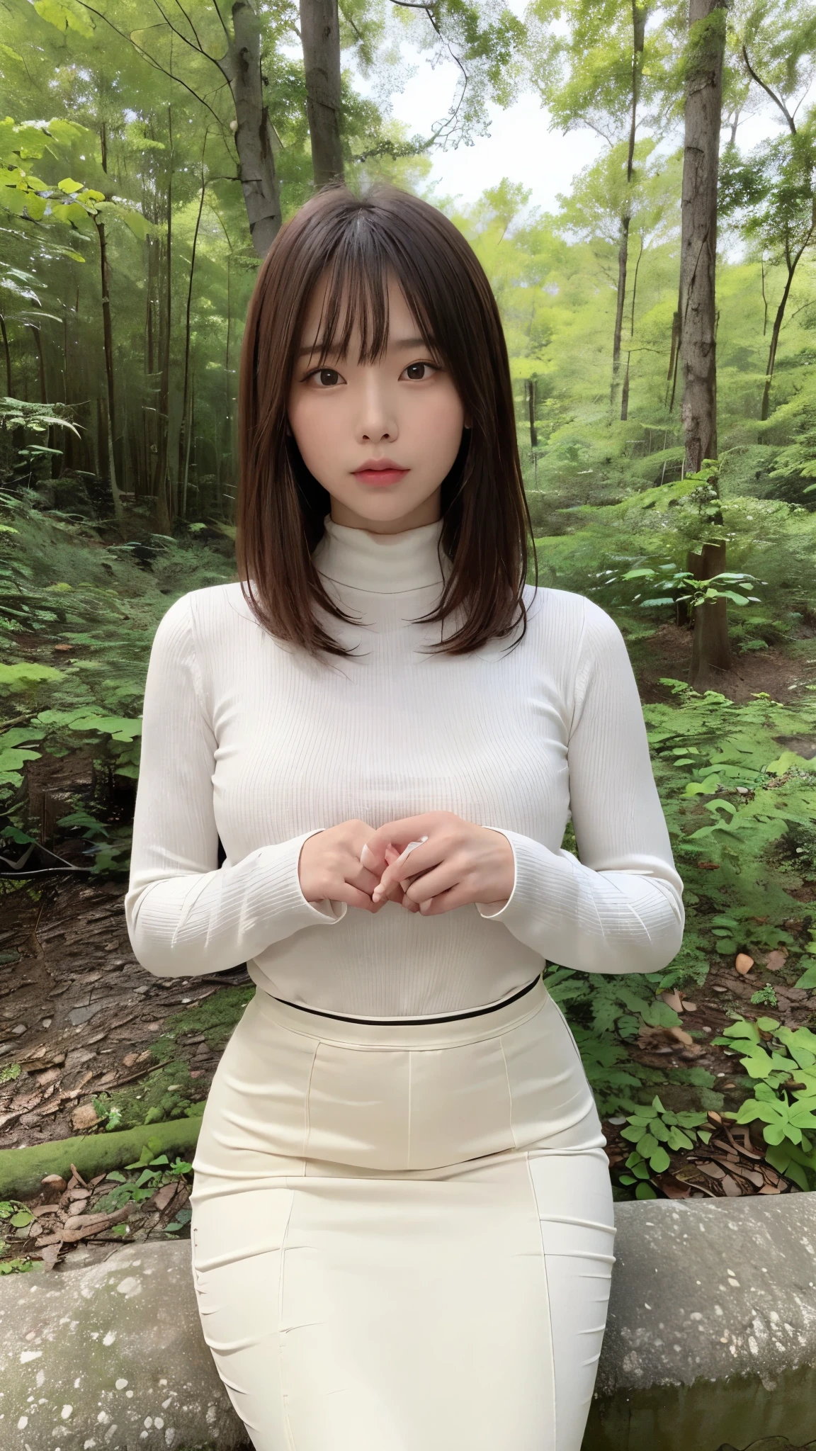 ((( photo showing the whole body))),(masterpiece,  best quality,    ultra high resolution ),  extremely detailed CG  ,  short bob hair with bangs 、  beautiful face、((( very pretty Japanese woman hiding her chest with her hands ))),((white long high waist mermaid pencil skirt)),(((Super Long Skirt)))(The shirt is tucked into the skirt)、(Maxi long skirt)、(((Long-sleeved high-neck t-shirt that fits the body )))、((Sitting in the forest on a dark night)),