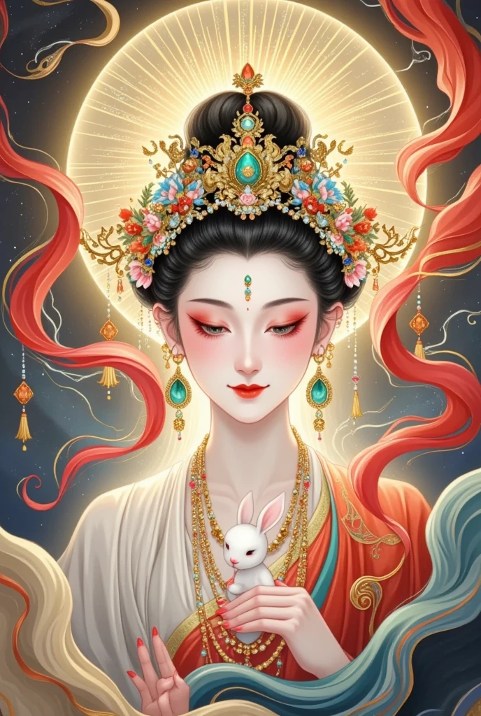 thangka illustration。Colorful flying sky ，flowing red silk， A beautiful goddess with a golden cloud and sky background,Portrait of a very beautiful girl，Statue of Tara Bodhisattva ， red eyeshadow， red face ，Red lips，，front， skin details ，Fine hair。Crown(Dot emerald +Cloisonne+ filigree enamel+flower+pearl+tassel)， upper body , 手持莲flower .  fair skin ,  is surrounded by clouds， with a golden halo on her face .(((yarn，Satin， red silk streamer)))
golden fantasy 。Glowing particles。 ray tracing 。Double Exposure。A little white rabbit。