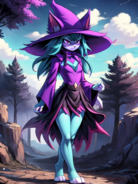 palkatress,  anthropomorphic , Alone, female, tall and slender body,  wearing purple wizard hat ,  spikes purple cat ears with white tips, purple eyes,  purple short top with collar and long sleeves ,  flowing black skirt , bare legs,  turquoise furry body ,  feet white paws ,  black cat nose ,  black cat muzzle , turquoise hair, standing, forest,  detailed background , high throat, By black kitten , por azoomer, por braeburned,  dynamic wizard pose , frowning,