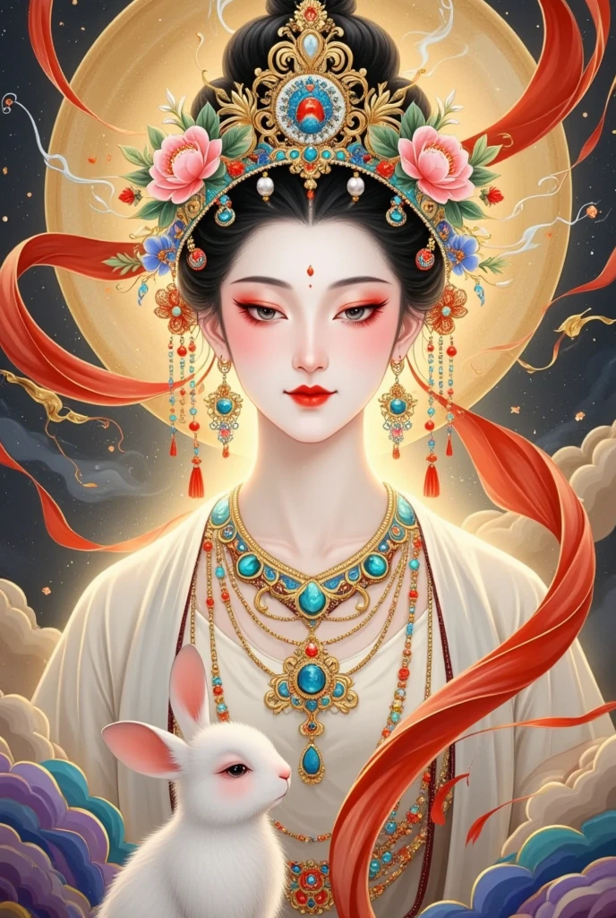 thangka illustration。Colorful flying sky ，flowing red silk， A beautiful goddess with a golden cloud and sky background,Portrait of a very beautiful girl，Statue of Tara Bodhisattva ， red eyeshadow， red face ，Red lips，，front， skin details ，Fine hair。Crown(Dot emerald +Cloisonne+ filigree enamel+flower+pearl+tassel)， upper body , 手持莲flower .  fair skin ,  is surrounded by clouds， with a golden halo on her face .(((yarn，Satin， red silk streamer)))
golden fantasy 。Glowing particles。 ray tracing 。Double Exposure。A little white rabbit。