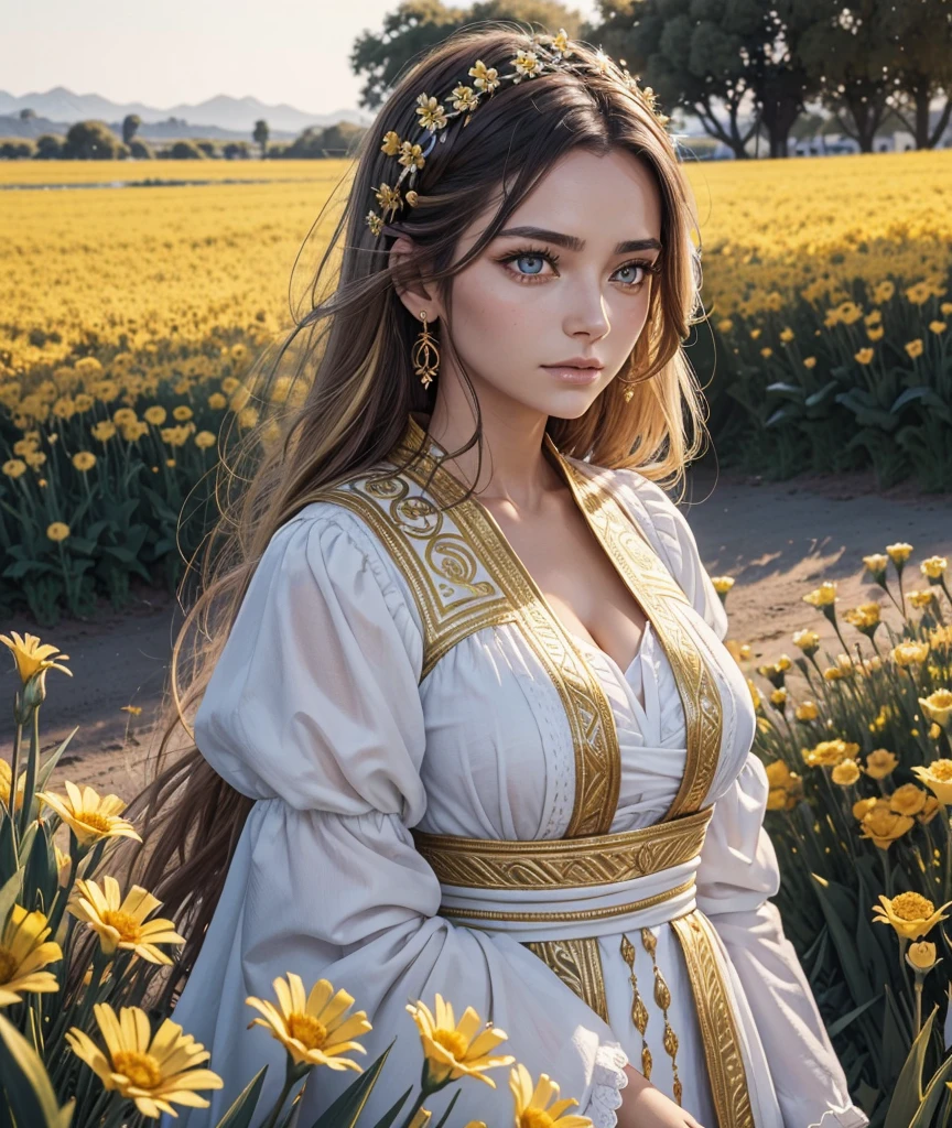 in a beautiful flowers field many beautiful mature womans lying in a field of beautiful white, yellow and gold flowers. there has a traditional outfit of Aztec people theme eyes are visible. There has magnificent ultra detailed golden eyes, ther pupils are dilated and isr iris ultra detailed and a magnificent amber color with shades of yellow and green. Ther gaze is intense and warm. there are a golden city everywhere around them. the environment is hostile to life. There stands facing and looks to the side towards the setting sun. Ther outfit is beautiful. Ther wears red native amazonian  people makeup around ther eyes which has the effect of multiplying the beauty and magnificence of them deep and burning gaze.Gros seins, Lèvres Entrouvertes, Qualité Meilleure, Récompensé plusieurs fois, Résolution Haute, Œuvre d'art, Précis, Anatomie correcte, Détails fins, Haute qualité, Details, Qualité, Très détaillé, UHD, Peau texturée, 