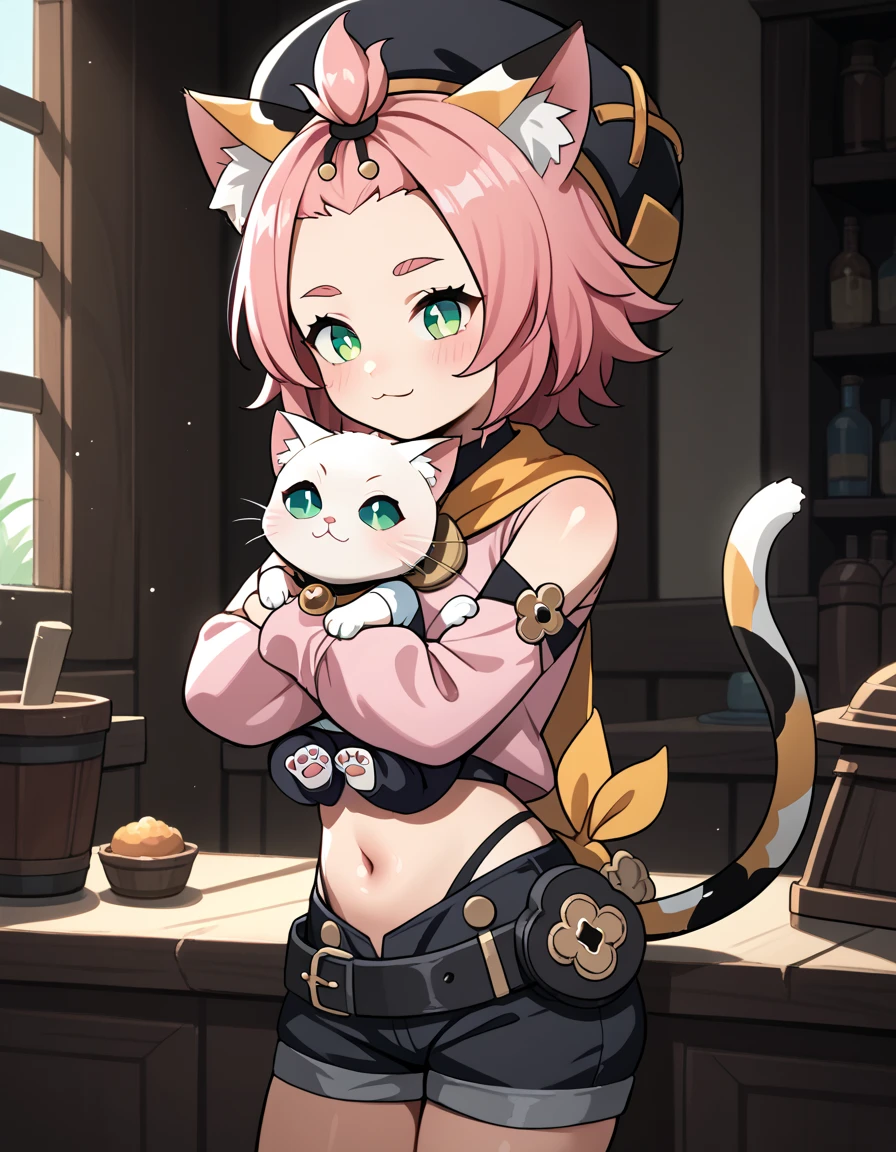 score_9, score_8_up, score_7_up, score_6, source_anime, BREAK diona \(genshin impact\), mngmst_style, 1girl, animal ear fluff, animal ears, belt, black shorts, cat ears, cat girl, cat tail, forehead, green eyes, hat, navel, pink hair, pink shirt, shirt, short hair, shorts, solo, tail, topknot,  mother and baby, small girl,hugging up, baby, 