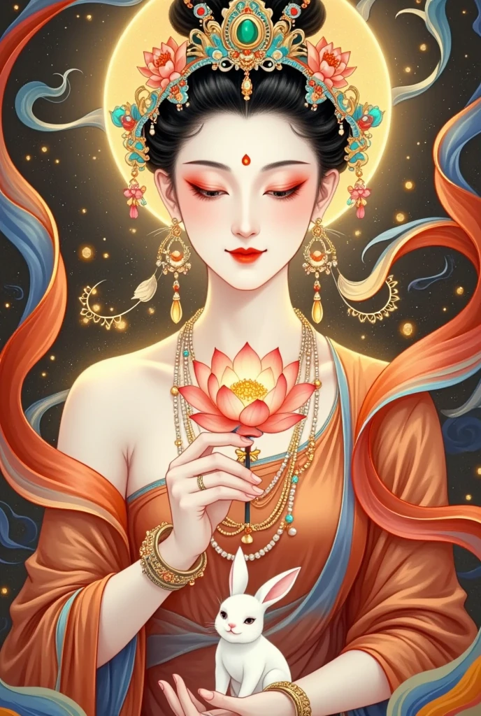 thangka illustration。Colorful flying sky ，flowing red silk， A beautiful goddess with a golden cloud and sky background,Portrait of a very beautiful fairy ，Statue of Tara Bodhisattva ， red eyeshadow， red face ，Red lips，，front， skin details ，Fine hair。Crown(Dot emerald +Cloisonne+ filigree enamel+flower+pearl+tassel)， upper body , 手持莲flower .  fair skin ,  is surrounded by clouds， with a golden halo on her face .(((yarn，Satin， red silk streamer)))
golden fantasy 。Glowing particles。 ray tracing 。Double Exposure。A little white rabbit。