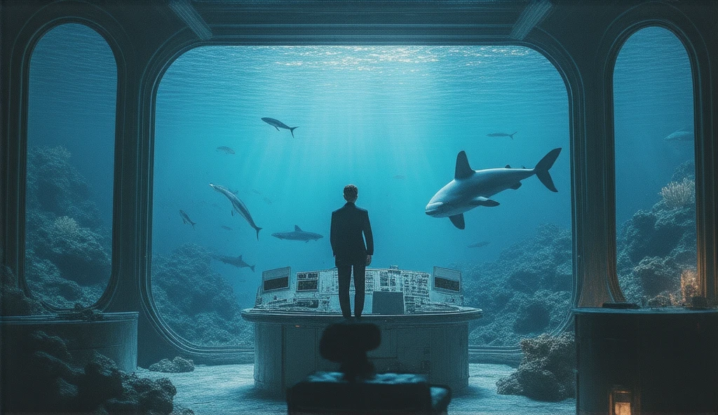 The scene of the seabed and its underwater landscape with fanciful marine life appears imposing highlighting immense marine beings swimming in currents through the deep abysses of the ocean in bluish tones, this incredible scene from a cinema, from an underwater fiction film is seen through the wide windows of an underwater ship, where inside the large command room a man observes through the windows of the front of the ship in the command room the landscape in front of the ship. The submarine ship is sailing through the vast blue ocean floorirl,solo, perfect face,wearing a hot, possessing natural elegance, walking along a city park