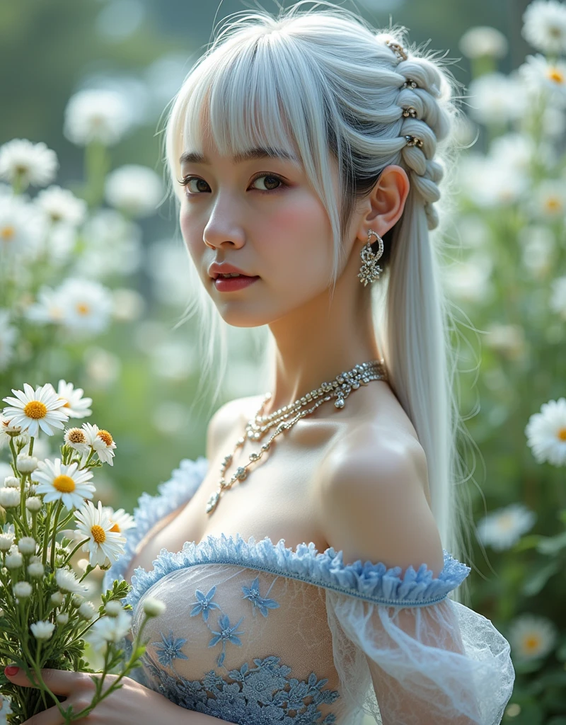 Profile close-up of an elegant Asian woman surrounded by the soft morning light of a mystical European flower garden holding a bouquet of white flowers. ((A side-on shot of the woman: 1.6)), She has long white hair, blunt bangs, braided pigtails, eyeshadow, pink lipstick, pearlescent nail polish, pale skin, very thin, small face, very large breasts, (She is completely naked and wearing glittery transparent white lace with intricate blue embroidery: 1.7), She is wearing necklaces, rings, bracelets and jewelry. (Profile close-up of a completely naked woman wearing glittery transparent white lace holding a bouquet of white flowers: 1.7), soft white lighting, very detailed, blurred plants and flowers in the background