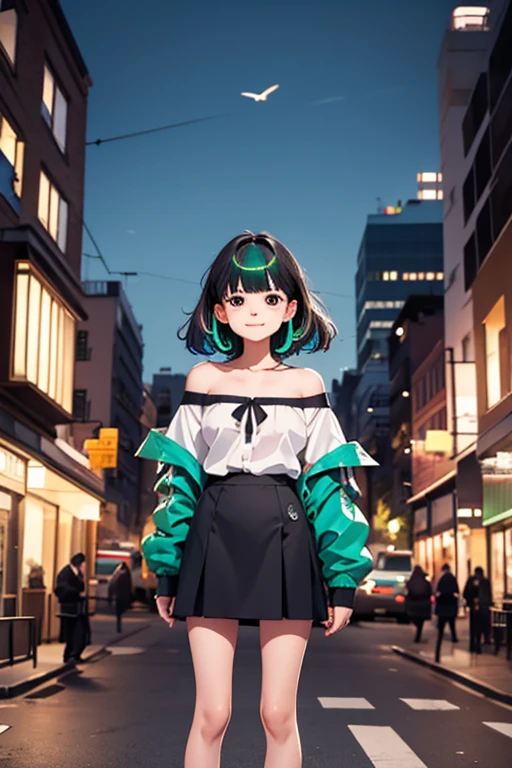  1 girl ,  owl under guard，black_ skirt, green_hair,  Building, city, cityscape, hair_between_eye,  jacket, Watching_in_ viewer,  medium_hair, Multicolor_hair, Multiple_ boys,   knight , off_shoulder, Outdoor, pleined_ skirt, road,  shirt,  skirt, Skyscraper, smile, Alone_concentrated, street, white_ shirt