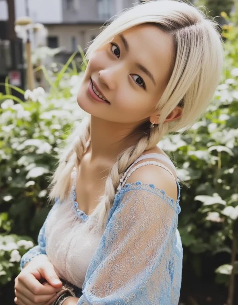 Profile close-up of an elegant Asian woman surrounded by the soft morning light of a mystical European flower garden holding a bouquet of white flowers. ((A side-on shot of the woman: 1.6)), She has long white hair, blunt bangs, braided pigtails, eyeshadow, pink lipstick, pearlescent nail polish, pale skin, very thin, small face, very large breasts, (She is completely naked and wearing glittery transparent white lace with intricate blue embroidery: 1.7), She is wearing necklaces, rings, bracelets and jewelry. (Profile close-up of a completely naked woman wearing glittery transparent white lace holding a bouquet of white flowers: 1.7), soft white lighting, very detailed, blurred plants and flowers in the background