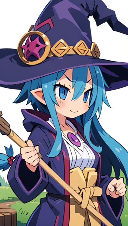 (pygmy、 smaller)、(Classic witch:1.5)、( bright blue hair、 don't tie your hair、 Very Long Hair )、Light blue eyes、Baby Face、smug face、blush、Big Breasts、Thick waist、Plump、( there is little exposure:1.2)、hat、large hooded robe、Moco Moco pants、Frills、long wooden cane 