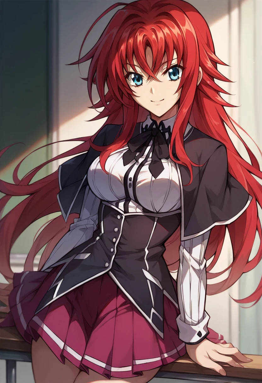 realistic, 1girl, Crimson hair, light particles, light rays, wallpaper, ((rias_gremory)) blue eyes , (masterpiece, best quality, ultra-detailed), (detailed background), high contrast, (best illumination, an extremely delicate and beautiful), ((cinematic light)), colorful, hyper detail, dramatic light, intricate details, smile, sharp face, pink lips, large breasts, french braid, (school uniform), breasts, long hair, solo, red hair, ahoge, school uniform, smile, large breasts, skirt, huge ahoge, very long hair, <lora:rias_gremory_v2:1>
