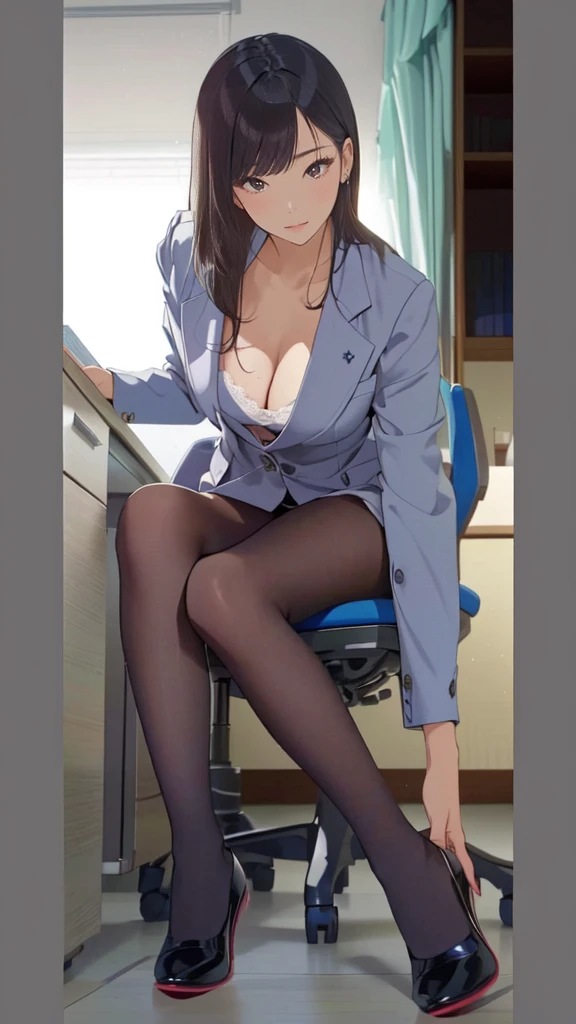 (highres, high quality:1.3), intricate details, cinematic lighting, sharp focus, depth of field,
Ingrid, 1girl, solo, mature female, dark-skinned female, dark skin, full body, sitting, on office chair,  crossed legs, office, window, (hand on eyewear:1.1), reading newspaper, office table, computer, window, sky
determined,
pink hair, (single hair bun:0.9), glasses, red-framed eyewear, bangs, makeup, lipstick, (mole under mouth:0.8), eyelashes, yellow eyes, detailed eyes, perfect face,
(secretary:1.2), striped jacket, bra, (striped skirt:1.1), fishnet pantyhose, high heels,
large breasts, cleavage, areola slip, (nipple slip:0.8),