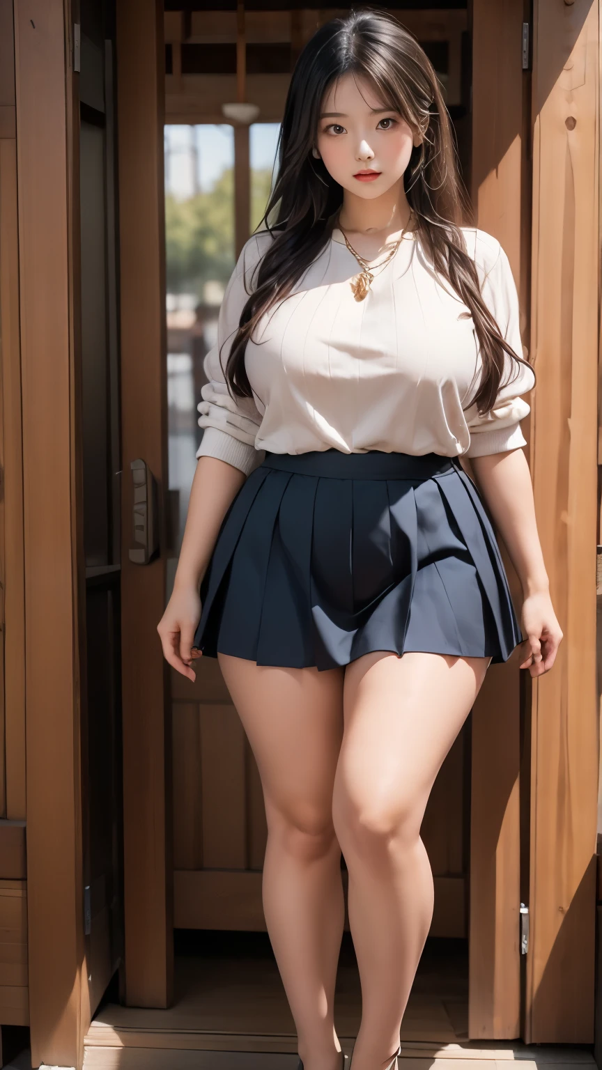 (( full body photo )), one girl, very cute japanese adult woman, (( very shy expression )), blush, (( long hair up to the waist )), (( hair falls on the chest )), perfect face, plump cheeks, mature fat woman, thick arms, thick thighs, big breasts, short flared skirt,  ((( skirt flips ))), simple ring on left ring finger, large diamond necklace, (( sweater )), (( kirvey model )), looking at camera, GJGJAA