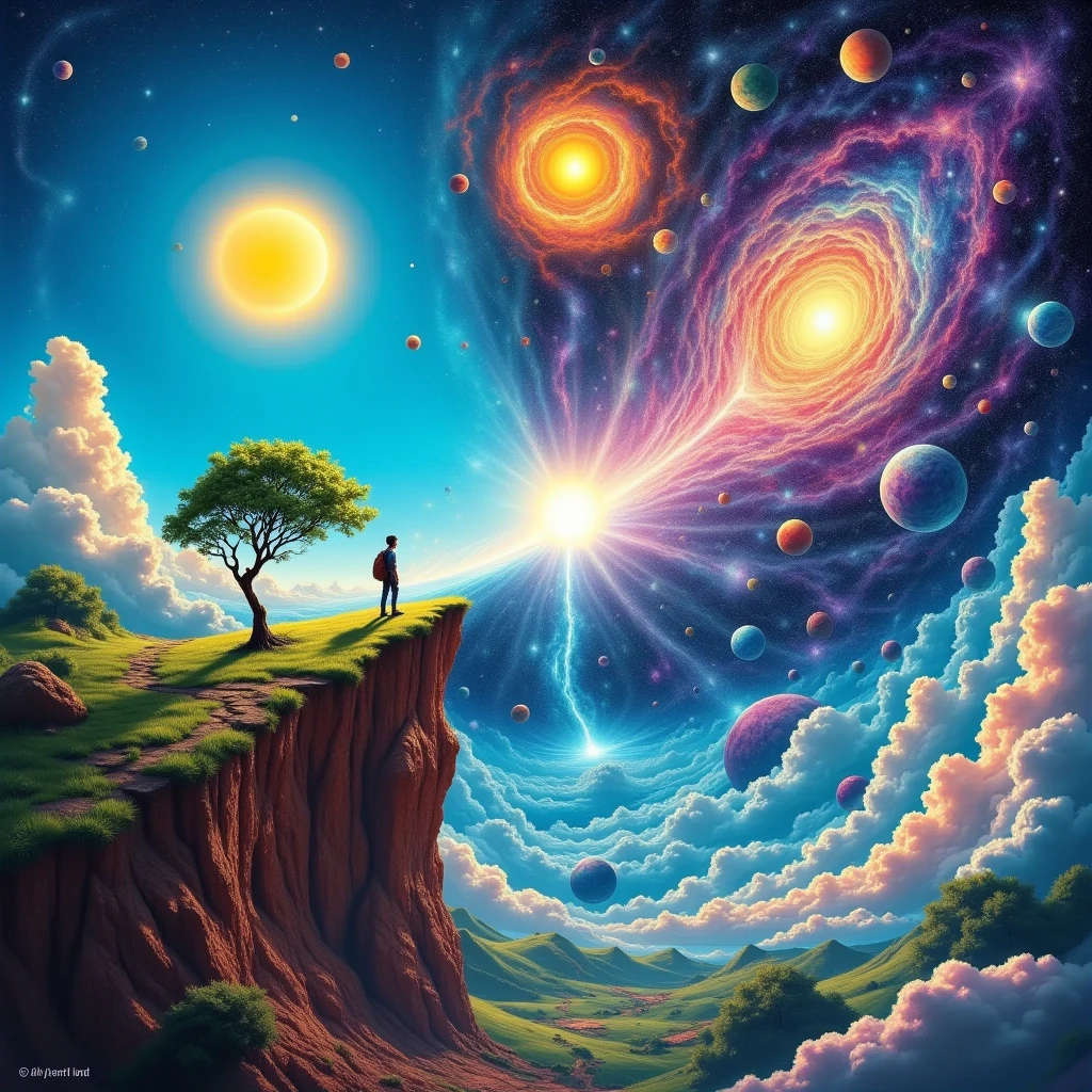 A surreal, 3D DMT-core vision inspired by an ancient cosmic illustration, depicting a traveler standing on the edge of existence, peering beyond the boundaries of the known world. The scene is split diagonally into two realms: one reveals a vibrant landscape with a radiant sun, lush greenery, and a tree under a clear blue sky, while the other unveils a mystical universe filled with stars, celestial spheres, and ethereal clouds in psychedelic colours. The sky is peeled back like a veil, exposing layer after layer of existence, as the figure leans forward, bridging reality and the cosmos. This intricate, mind-bending scene captures the sense of spiritual exploration and the schizophrenic wonder of discovering hidden dimensions, where earthly and cosmic worlds converge in a kaleidoscope of colours and patterns, inviting an endless journey into the unknown.