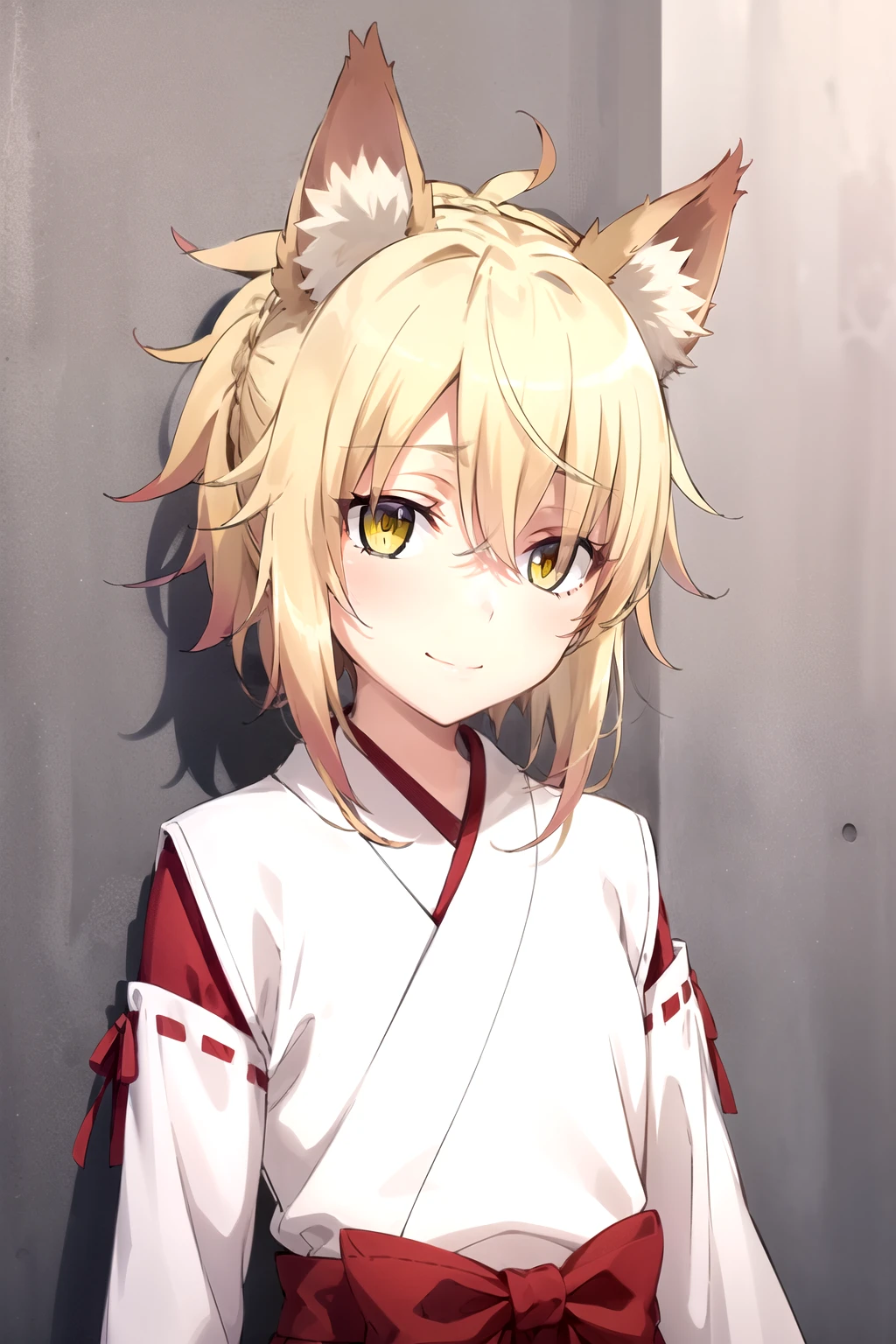  masterpiece ,  Best Quality , 1 girl, feel, blonde hair,  short hair, collect,  yellow eyes,  Fox ears ,  Japanese clothing , red as well, Monkey,  looking at the viewer ,  upper body, smile, Alone, ( simple background , solid gray background )