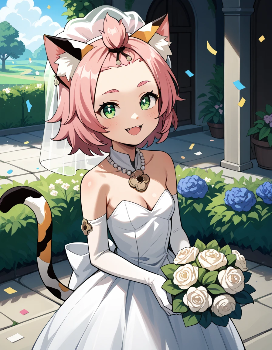 score_9, score_8_up, score_7_up, score_6, source_anime, BREAK diona \(genshin impact\), mngmst_style, 1girl, animal ear fluff, animal ears, cat ears, cat girl, cat tail,  forehead, green eyes, pink hair, short hair, solo, tail, cleavage, small breasts,     garden, wedding dress, necklace, smile, open mouth, bouquet, confetti, cowboy shot, standing,