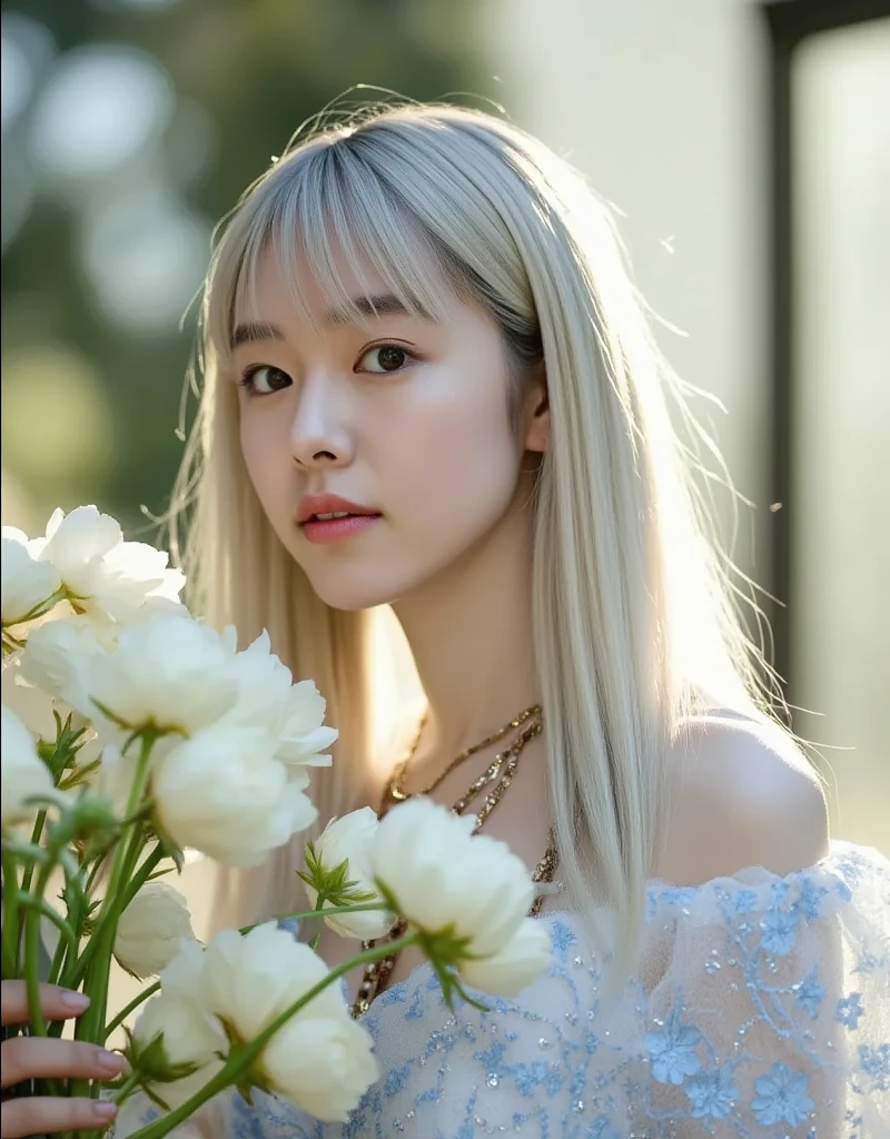 Profile close-up of an elegant Asian woman surrounded by the soft morning light of a mystical European flower garden holding a bouquet of white flowers. ((A side-on shot of the woman: 1.6)), She has long white hair, blunt bangs, braided pigtails, eyeshadow, pink lipstick, pearlescent nail polish, pale skin, very thin, small face, very large breasts, (She is completely naked and wearing glittery transparent white lace with intricate blue embroidery: 1.7), She is wearing necklaces, rings, bracelets and jewelry. (Profile close-up of a completely naked woman wearing glittery transparent white lace holding a bouquet of white flowers: 1.7), soft white lighting, very detailed, blurred plants and flowers in the background