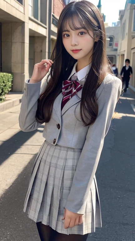 (High school girl:1.3),(uniform:1.4),masterpiece、Actual Photos、(Cute looks:1.2)、(  cute beautiful girl at church :1.2), ( facial beauty:1.3),(  straight hair :1.3)、(   detailed and beautiful eyes   :1.1),  Pretty eyes hidden in long bangs 、(  Detail Eyes :1.3)、  small face 、(  white skin:1.2)、(  blurry background :1.3)、( sexy body line   :1.3)、(Popular Korean makeup:1.3),(usually:1.1)，smile、Model Girl、( Checked Skirt :1.3),( Long Sleeve :1.1)，( grey jacket :1.1),( black tights :1.1)、(Universal Studios:1.2)