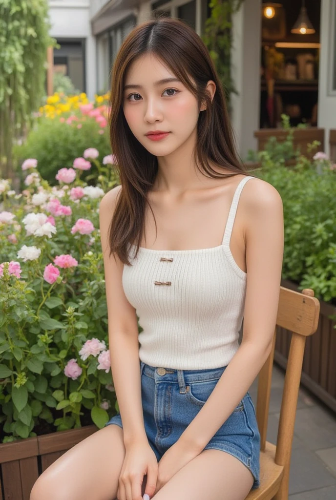 Thai girl,Yarn Single Breasted Blouse, Jeans Shorts, sitting on a chair, in a flower shop ,stand, perfect body 