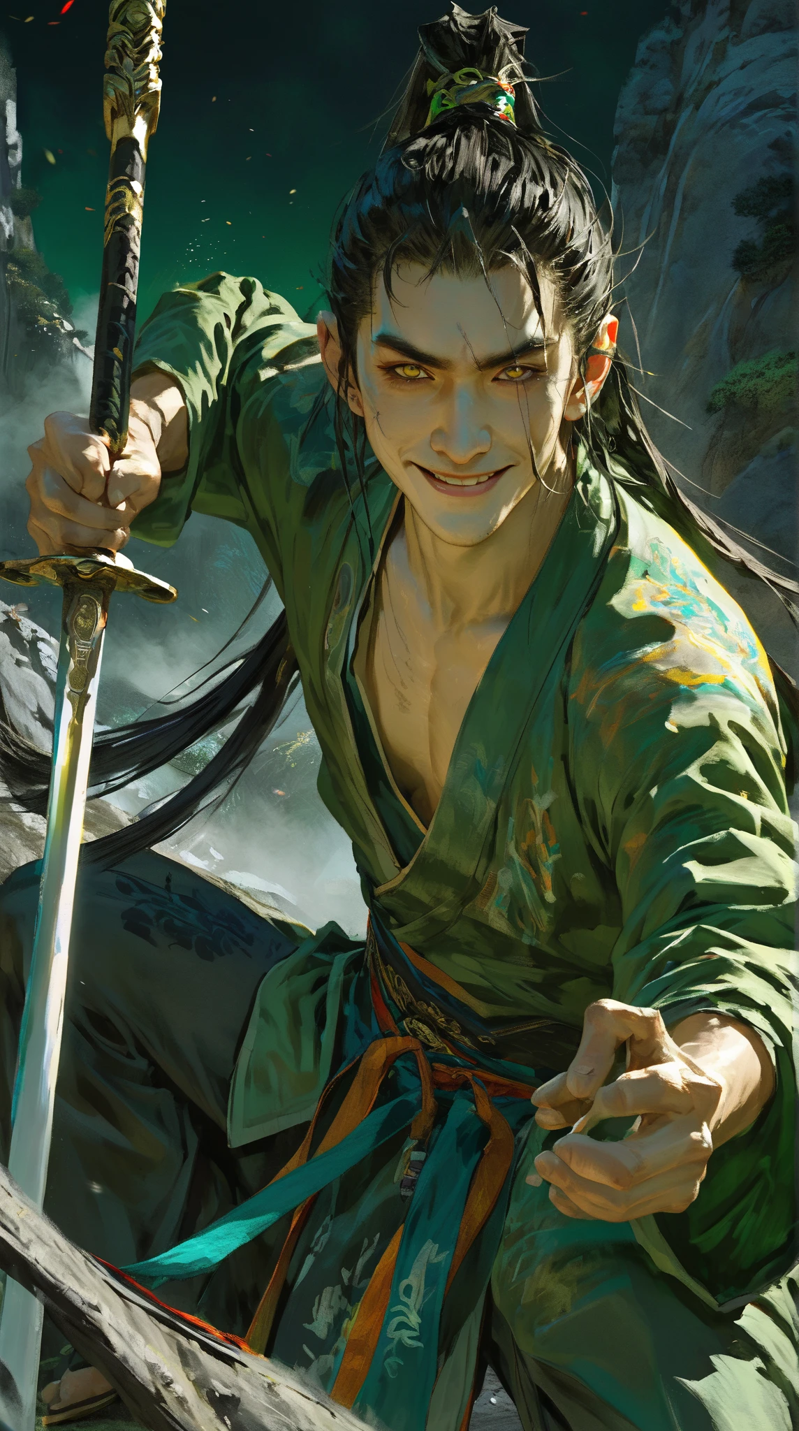  high detail, clear，reality（1.2）,valley， Character Set ， Ancient Chinese Man ， Bangs， Green Ponytail Long Hair， Yellow Eyebrows ，  Crazy Smile ， Wearing Ancient Hansel ，Naked upper body，Strong Body ， X-Iron Trainer ， Handheld Big Knife Sword ， watching people ，'Ultra HD ,  Very detailed （1.2）, 