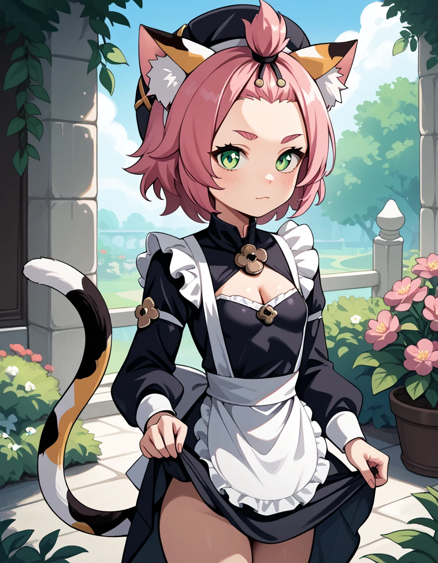 score_9, score_8_up, score_7_up, score_6, source_anime, BREAK diona \(genshin impact\), mngmst_style, 1girl, animal ear fluff, animal ears, cat ears, cat girl, cat tail,  forehead, green eyes, pink hair, short hair, solo, tail, cleavage, small breasts,    maid, maid headdress, cleavage cutout, apron, garden, standing, cowboy shot, skirt hold,