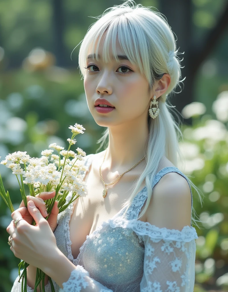 Profile close-up of an elegant Asian woman surrounded by the soft morning light of a mystical European flower garden holding a bouquet of white flowers. ((A side-on shot of the woman: 1.6)), She has long white hair, blunt bangs, braided pigtails, eyeshadow, pink lipstick, pearlescent nail polish, pale skin, very thin, small face, very large breasts, (She is completely naked and wearing glittery transparent white lace with intricate blue embroidery: 1.7), She is wearing necklaces, rings, bracelets and jewelry. (Profile close-up of a completely naked woman wearing glittery transparent white lace holding a bouquet of white flowers: 1.7), soft white lighting, very detailed, blurred plants and flowers in the background