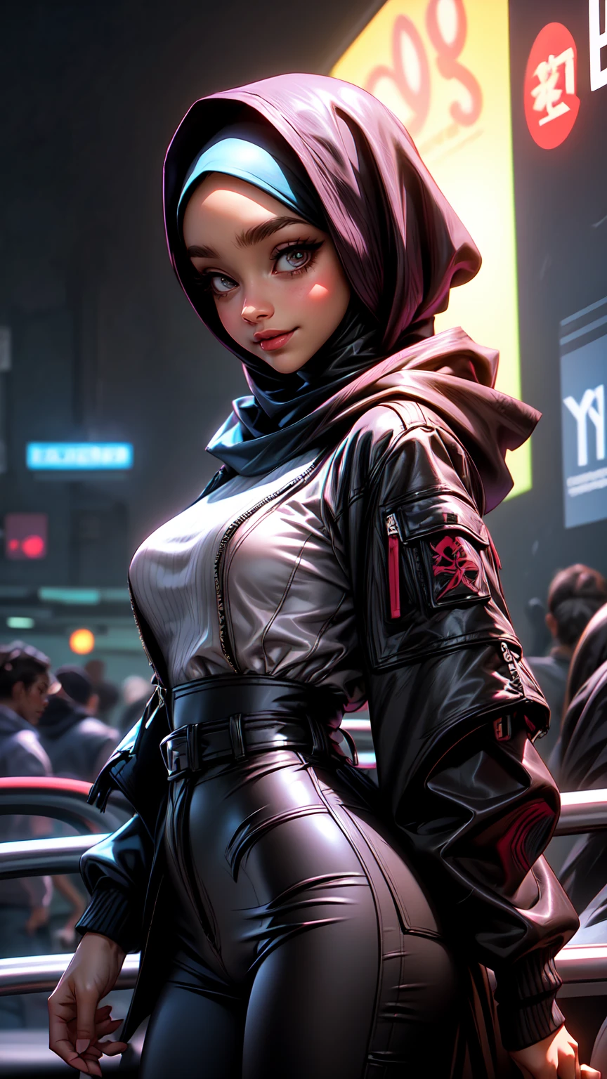 (masterpiece), anime style, 1girl, expressive eyes, beautiful face, black mascara, sharp mascara, thick eyelashes, black eye shadow, black hijab, smiling, long sleeve jacket, long trousers, E-Sports, 