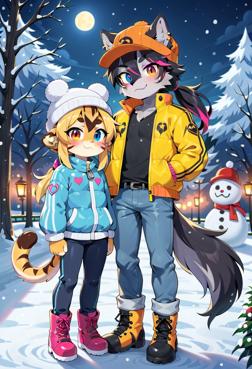 (tiger girl, anthro, textured fur, fur tufts, furry, loli body, loli height, flat chest, loli face, heterochromia, multicolored hair, ponytail, piercing, makeup, tattoo, warm hat, warm jacket, trousers, warm boots), ((tiger makes a snowman together with a male big werewolf, park, night, snow falling)), (((male big wolf werewolf, warm hat, warm jacket, trousers, warm boots)))