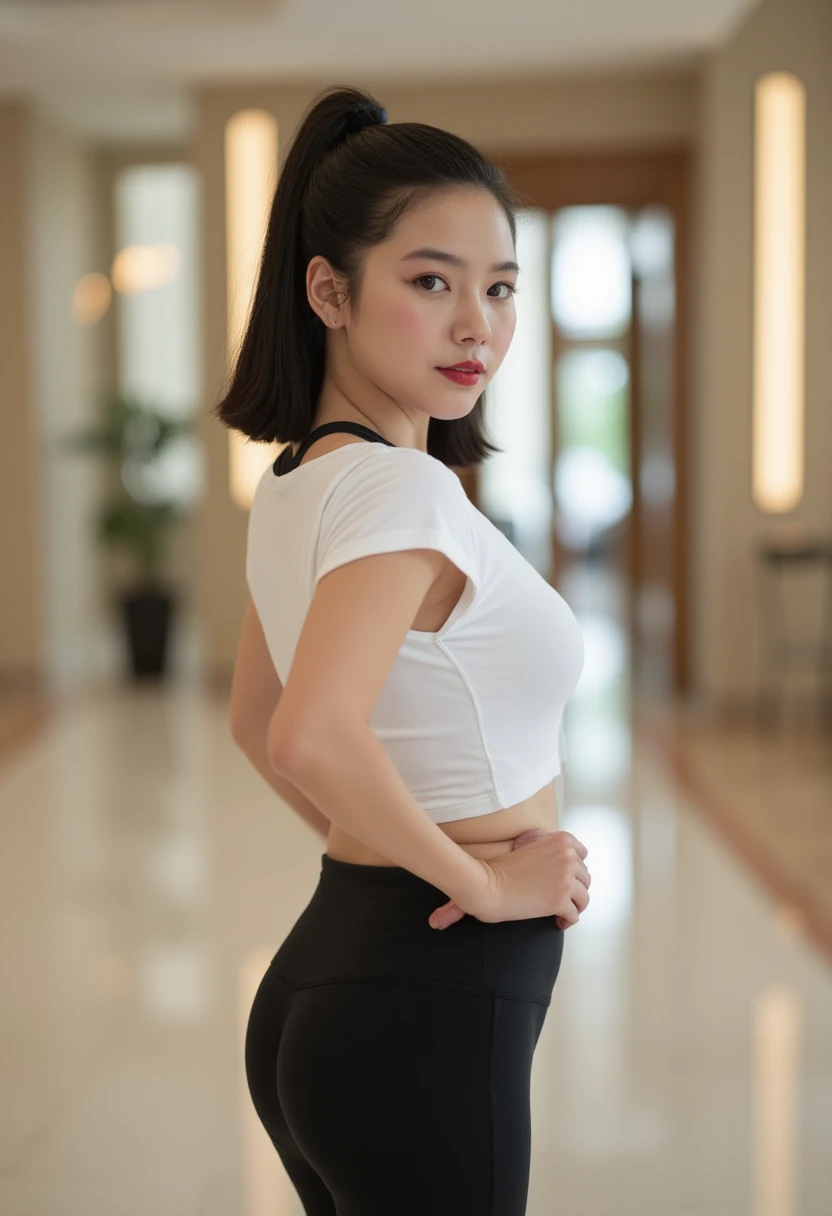 Perfect beauty, teen girl, brunette hair, pale skin, freckles and blemishes,  (pear shaped figure with small petite breasts), Masterpiece, (photorealistic), sharp picure, beautiful girl, (black yoga pants), (tight white cotton t-shirt), standing in hotel lobby posing for photograph with hands on hips, bright smile, pale skin, red lipstick, teasing, full length photo, barefoot, (wide hips:1.5), facing away from viewer, showing off apple bottom ass