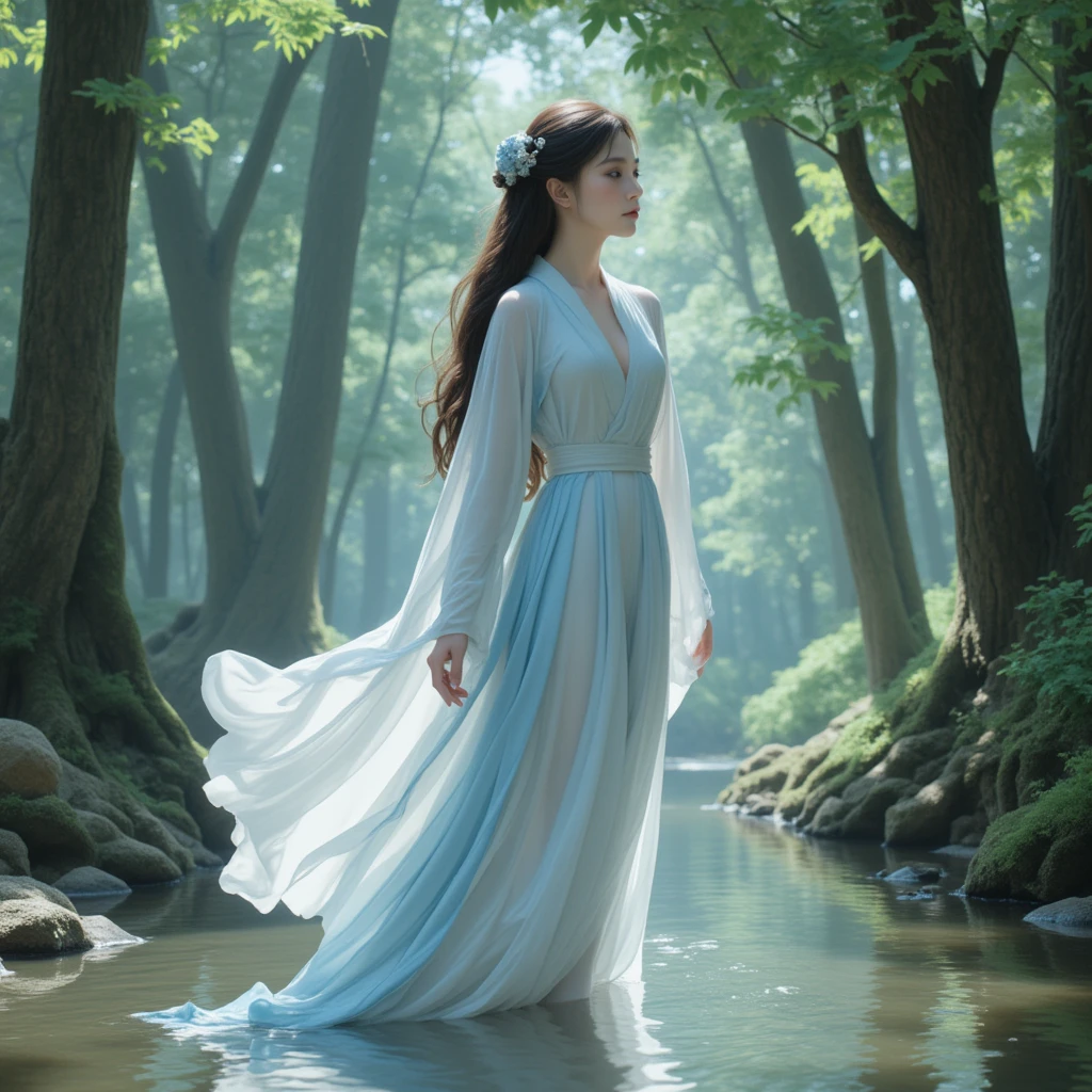 A graceful woman standing by the water’s edge, dressed in traditional attire that flows elegantly around her. Her garments are composed of light, layered robes in shades of pale blue and white, resembling an ethereal, almost watercolor-like palette. The robes are long and flowing, with fabric trailing gently in the shallow water, creating delicate ripples. The scene is set in a serene forest, where tall trees with lush leaves surround the narrow path she stands on. The lighting is soft and diffused, filtered through the dense leaves above, casting a gentle glow over the scene and giving it a peaceful and dreamlike quality. The woman's expression is calm and introspective, her head turned slightly to the side as if lost in thought, and her long dark hair cascades freely down her back.

The atmosphere is tranquil, evoking a sense of timelessness, as though this moment exists outside of the busy world. The natural environment around her is depicted in soft greens and grays, providing a serene backdrop that contrasts subtly with her graceful presence. The scene conveys a sense of solitude, stillness, and connection with nature, emphasizing the harmony between the woman and her surroundings. The style is reminiscent of classical East Asian ink wash paintings, with delicate strokes and a focus on fluid movement. The prompt aims to evoke a soft, ethereal feeling, capturing the delicate interaction between the woman and the water, as well as the serene beauty of her surroundings.