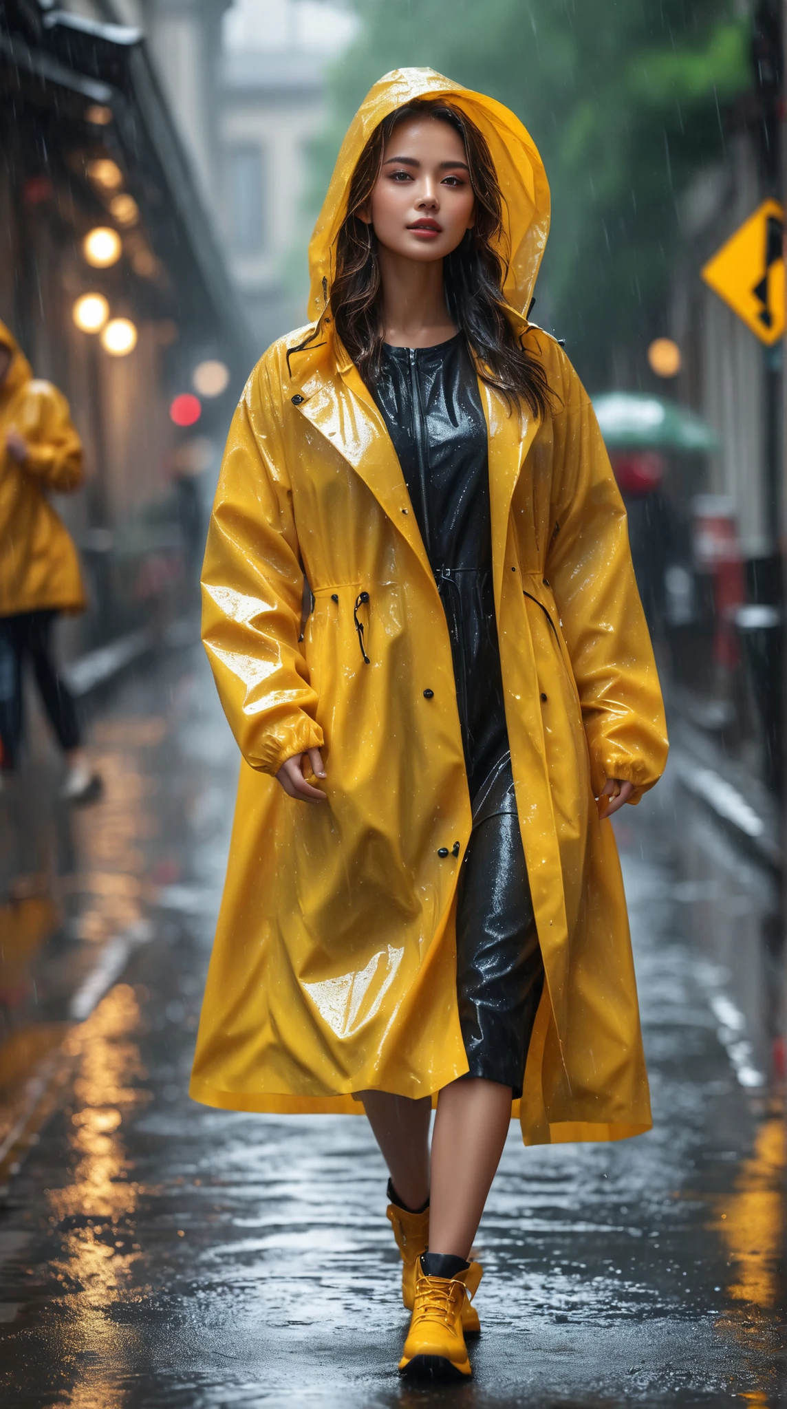 8k, photo, a gorgeous lady walking in the rain, raincoat, ultra-detailed, masterpiece