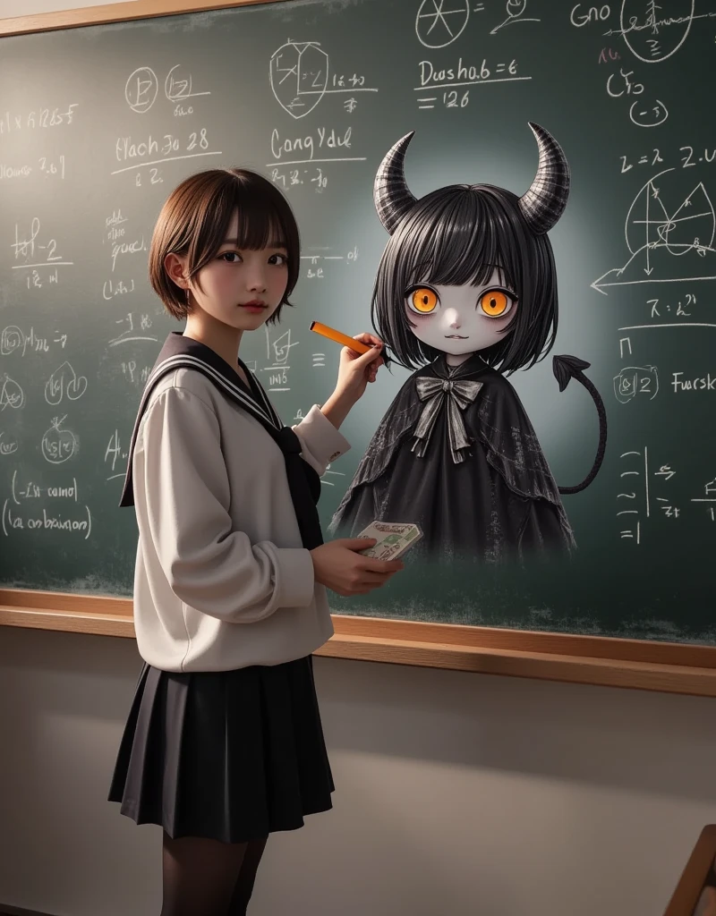 She wants to paint a cute devil girl in the style of the great creator "uyciak", ultra-realistic, photorealistic, dramatic scene, shadow, global-illumination, solo, (20 years old Japanese famous idol girl:1.5), very beautiful fragile Japanese girl, very beautiful with very cute but boyish cool face, she is Japanese high school student, wearing high school sailor uniform, in a mathematics classroom, She draws very realistic smiled Chibi-anime-devil-black-girl on a large blackboard using only chalk , the chibi-anime-devil-black-girl that she is drawing is 1girl\(dark black devil,cute,big eyes,large circle eyes,black skin,evil smile,long nail,orange eyes, vivid orange eyes, dark black skin, looking down,wearing capelet\(big,long,Tattered\), backlit,full body\), window with curtain, A magnificent work using the blackboard as a canvas, many complecated graphs and integral formulas of plans are on the blackboard, she is holding a chalk and looking at viewers