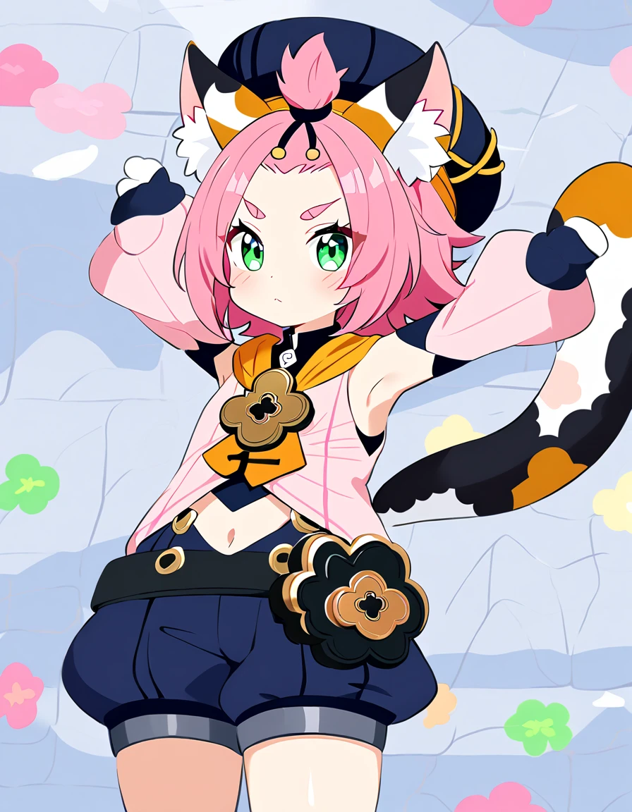 score_9, score_8_up, score_7_up, score_6, source_anime, BREAK diona \(genshin impact\), mngmst_style, 1girl, animal ear fluff, animal ears, belt, black shorts, cat ears, cat girl, cat tail, forehead, green eyes, hat, navel, pink hair, pink shirt, shirt, short hair, shorts, solo, tail, topknot,  armpits, bar, sexy, blush, neutral face