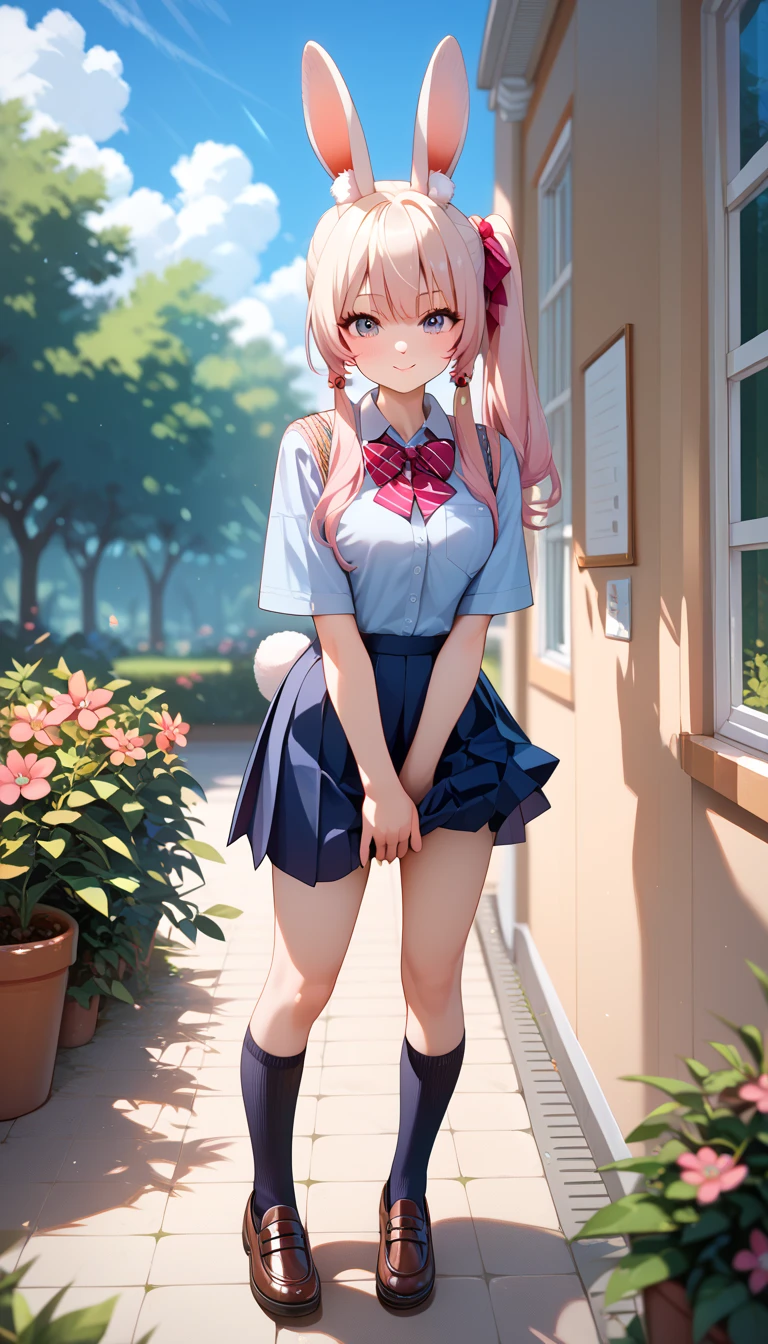 One girl, masterpiece, cute girl, looking back, white underwear, pink hair, long hair, school uniform, white shirt, blue tartan check short skirt, white knee high socks, pussy juice, large breasts, detail, 4k, sexy, good pupil, 4k, detailed