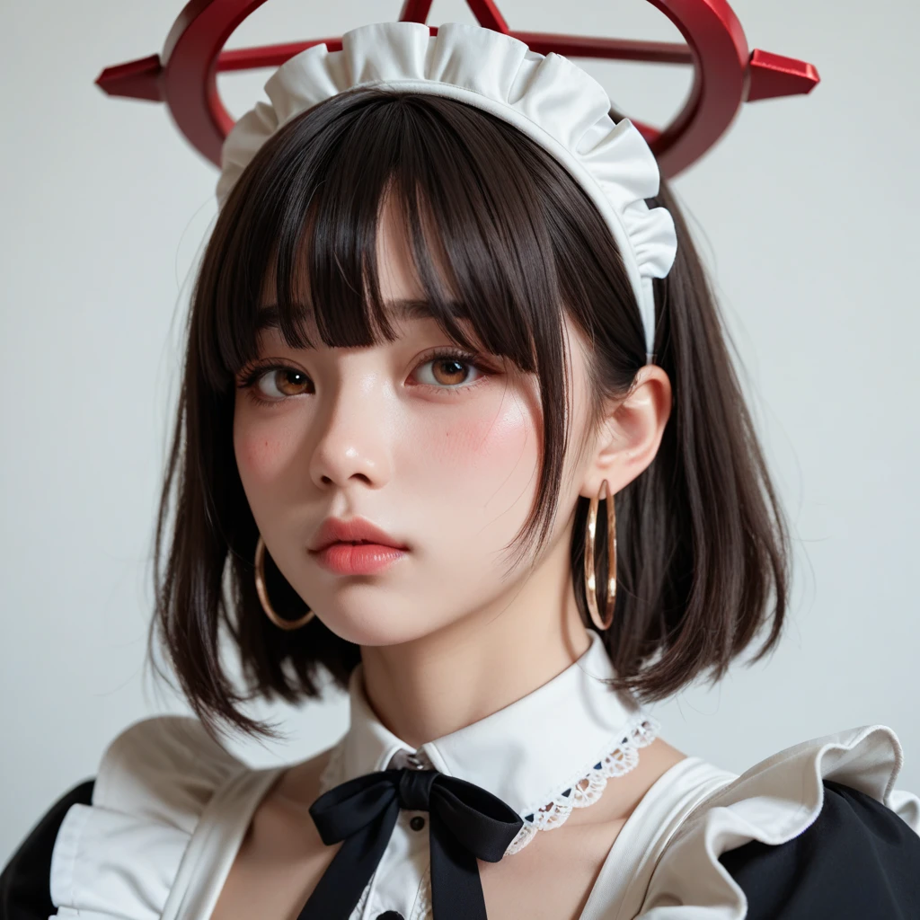  high res, masterpiece,  bangs,Blushing,  slightly stretch your lips, Hoop earrings ,  hair covers one eye, 齐 bangs, The whole face turns red,  in the eyes,  seven-part lens, Maid headdress, Halo,  character side, 