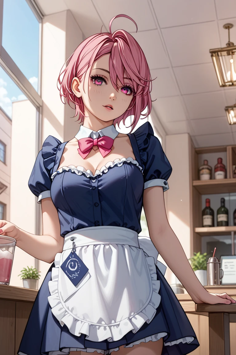 1girl, Shiratori Aira,  asymmetrical short hair , Ahoge,  pink hair, Pink Eyes, masterpiece、 best quality、Sexy maid、 sexy lingerie、Cafe、 low angle、back、 turn around、Underwear peeking through a skirt、Cutely angry、Mid-chest