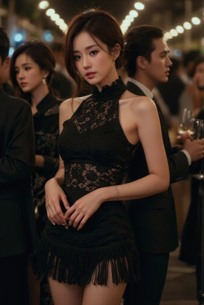 Tall, ultra-slim Japanese beauty with brown hair ((evening party hair)), chic black one-piece swimsuit with high halter neck and delicate floral lace overlay for a translucent effect, accented with fringe at the waist and skirt-like lace fringe at the hem.