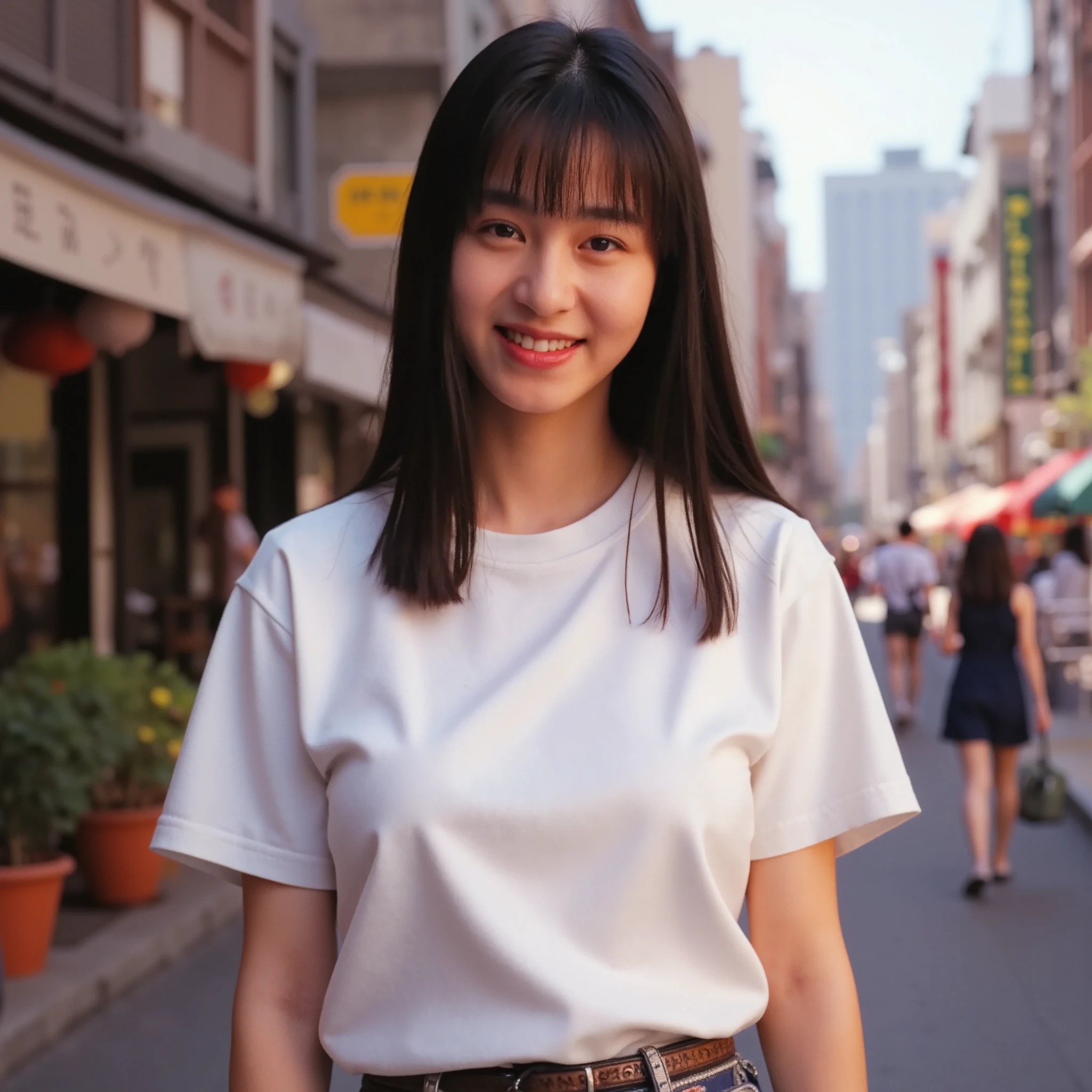 (((Mika, 1girl, solo, full body))), 8k, raw photo, perfectly focused, best focus, realistic skin texture, masterpiece, highest quality, photorealistic, t-shirt, downtown