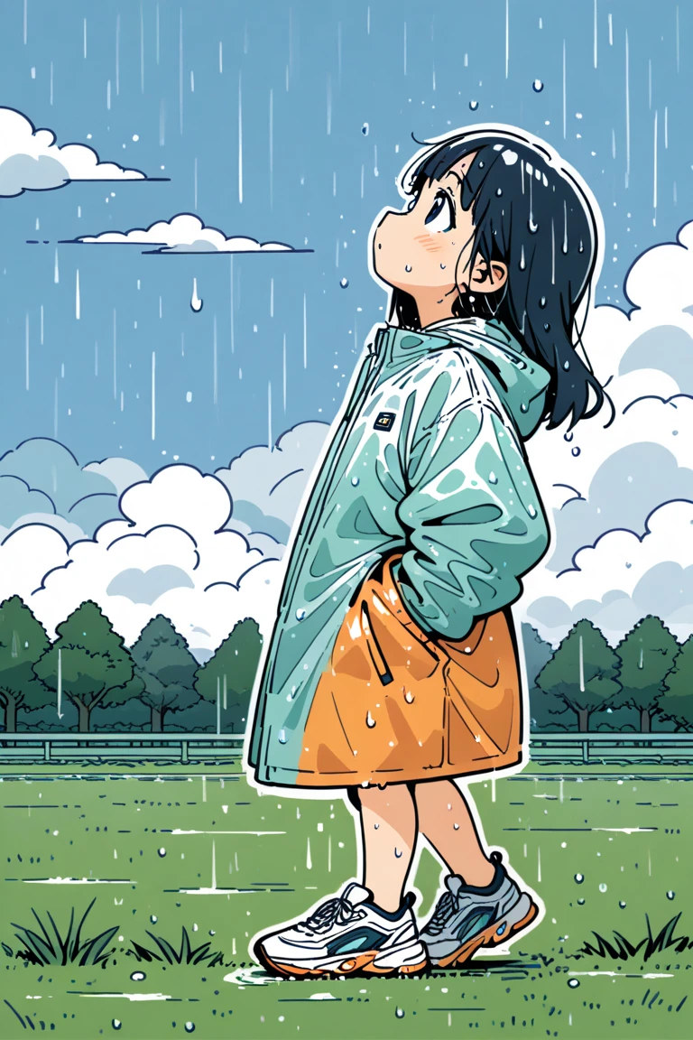 1girl,looking up,rain, heavy rain, wet clothes,sketch,draw,bold line art,line art, walking,sneaker,from side,grass fields,tree,cloud,sky,(best quality,ultra detailed)