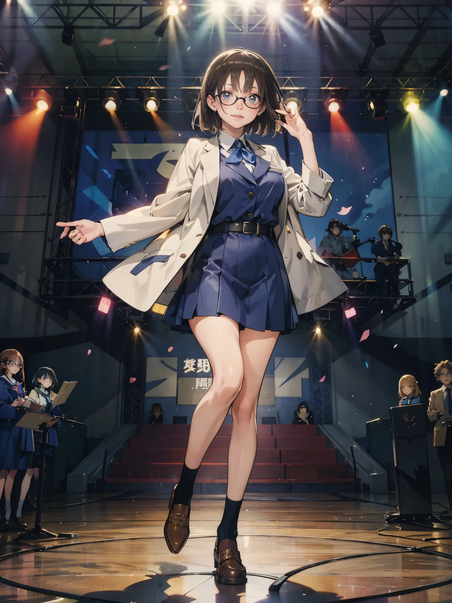 anime - style illustration of a woman in a high school uniform, anime character, official character art, trending on e-girl, feminine, full body, female anime girl, Posing:1.5, parted bangs, glasses, (tanned:1.0), looking at viewer, smile:1.5, on the stage, large breasts