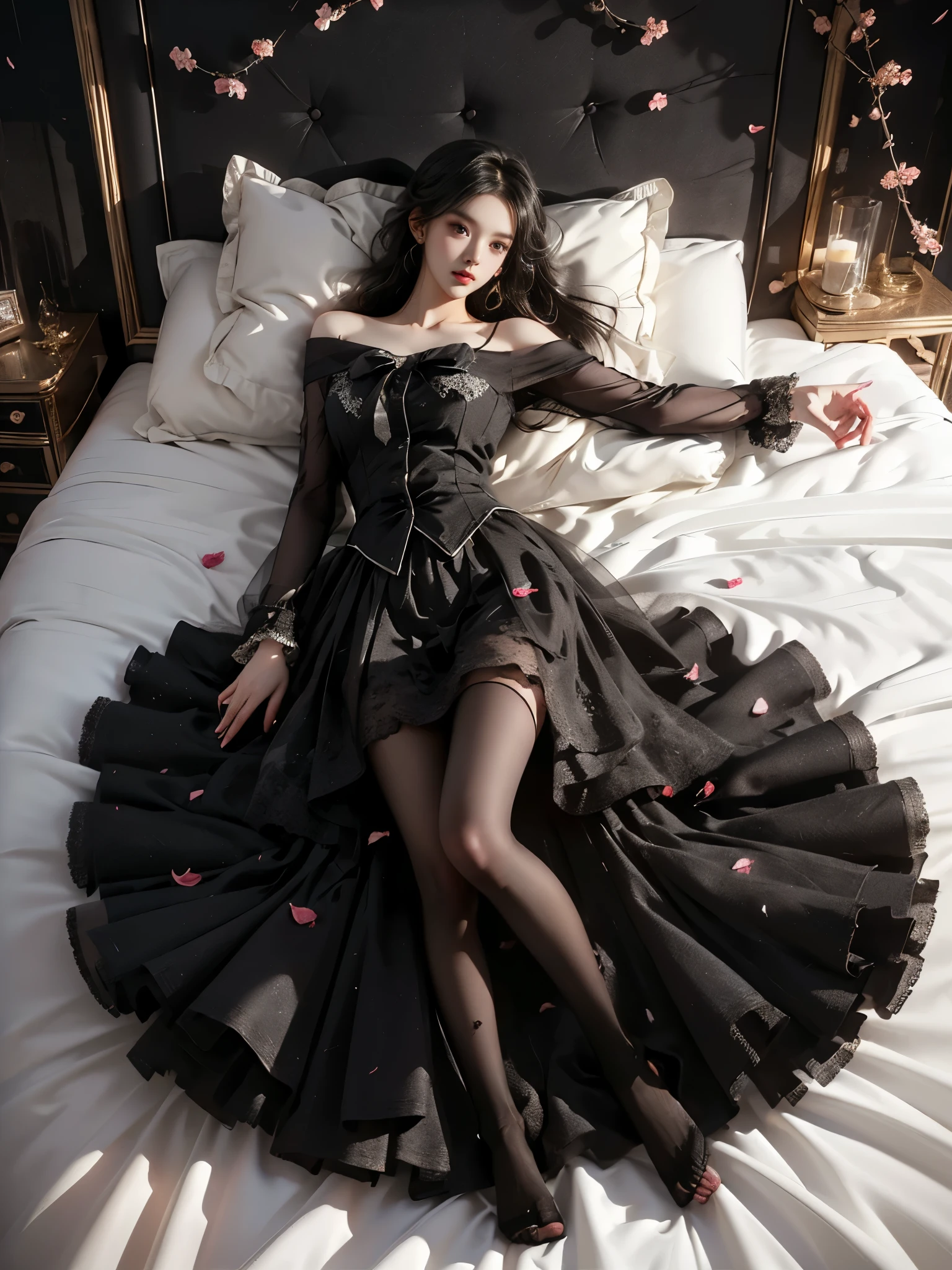 full body of anime girl character dancing and martial poses on a red and black floral bed with a flamenco dress with an essentially detailed embroidery patterned fabric with roses in the background, in the style of cute and cool, anime aesthetic, dark hair, colorful illustrations, highly detailed, in the style of digital painting, natural lighting, full body portrait, anime character design, sharp focus, highly detailed illustration, masterpiece, high definition, in the style