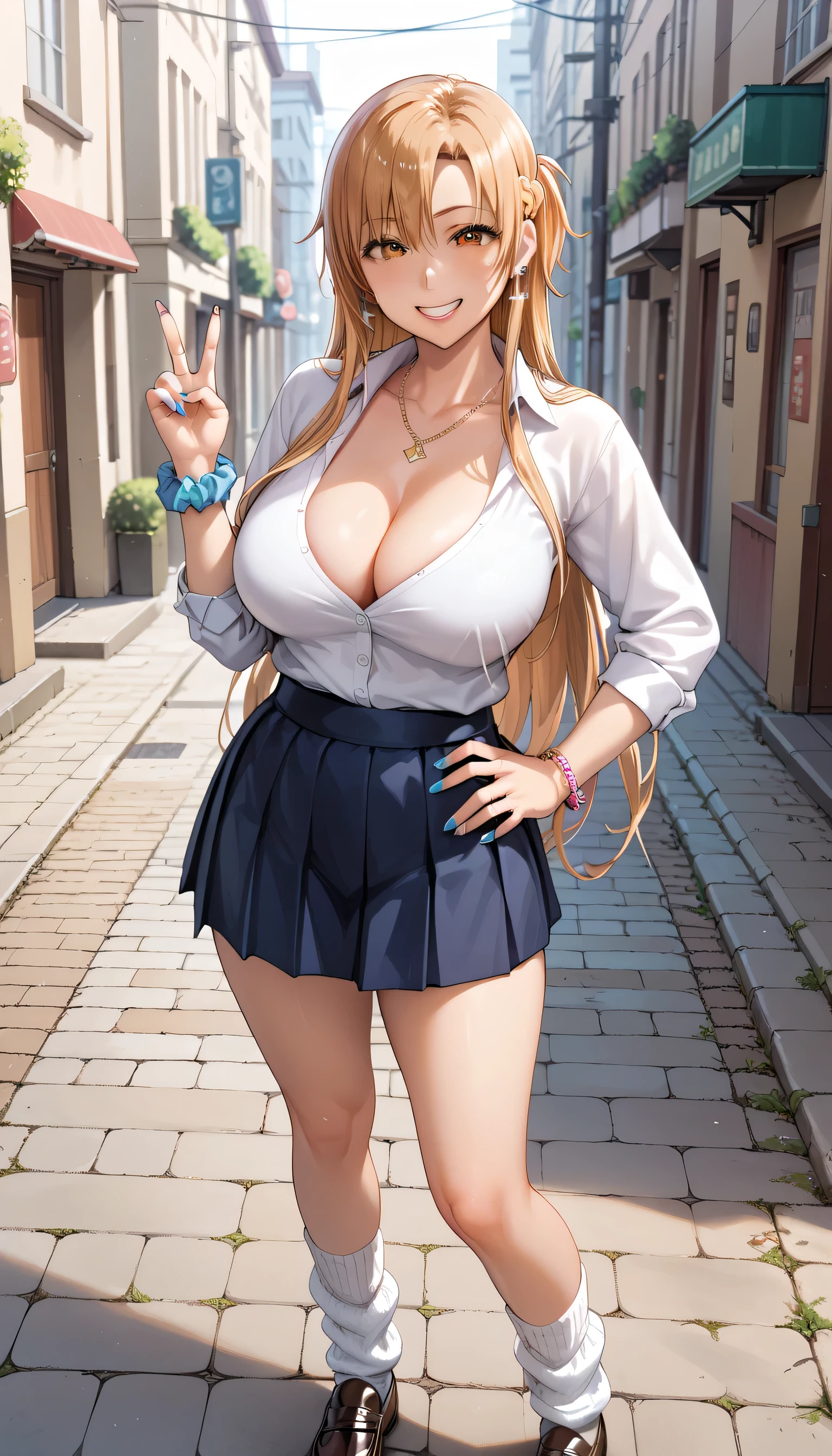 masterpiece, best quality, SimplePositiveXLv2, yuuki asuna, 1girl, solo, long hair, breasts, large breast, curvy, blonde hair, cleavage, 1girl, breasts, thighhighs, solo, large_breasts, flashy gyaru, 1girl, kogal, loose_socks, solo, jewelry, clothes_around_waist, breasts, wrist_scrunchie, sweater_around_waist, skirt, large_breasts, necklace, school_uniform, smile, looking_at_viewer, cleavage, scrunchie, socks, hand_on_hip, earrings, bracelet, shoes, loafers, v, nail_polish, sweater, black_skirt, white skin, night city outdoors 